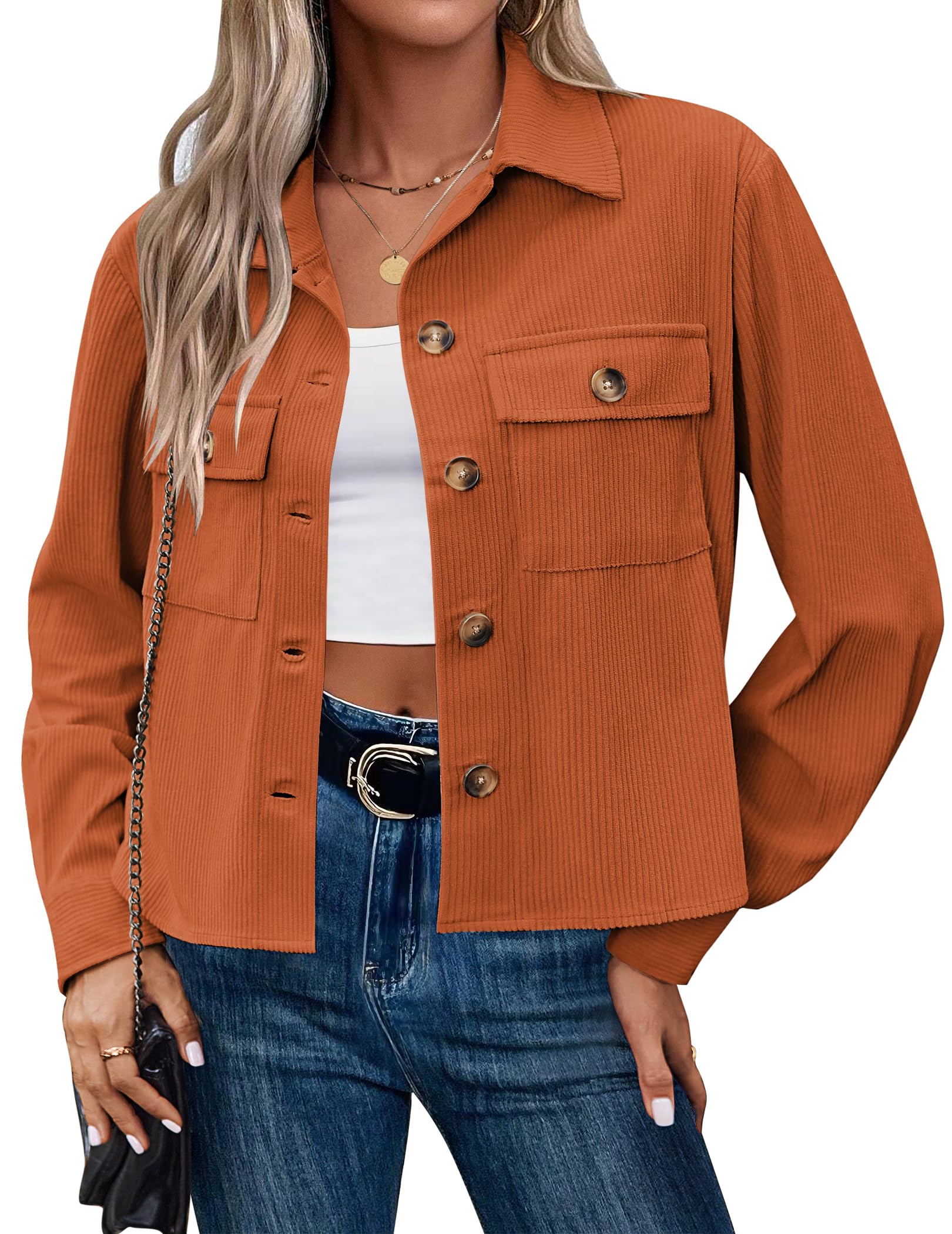 Hotouch Cordjacke Damen Langarm Button Down Blouson Jacke mit Taschen Casaul Jacken Kurze Cord Jacke