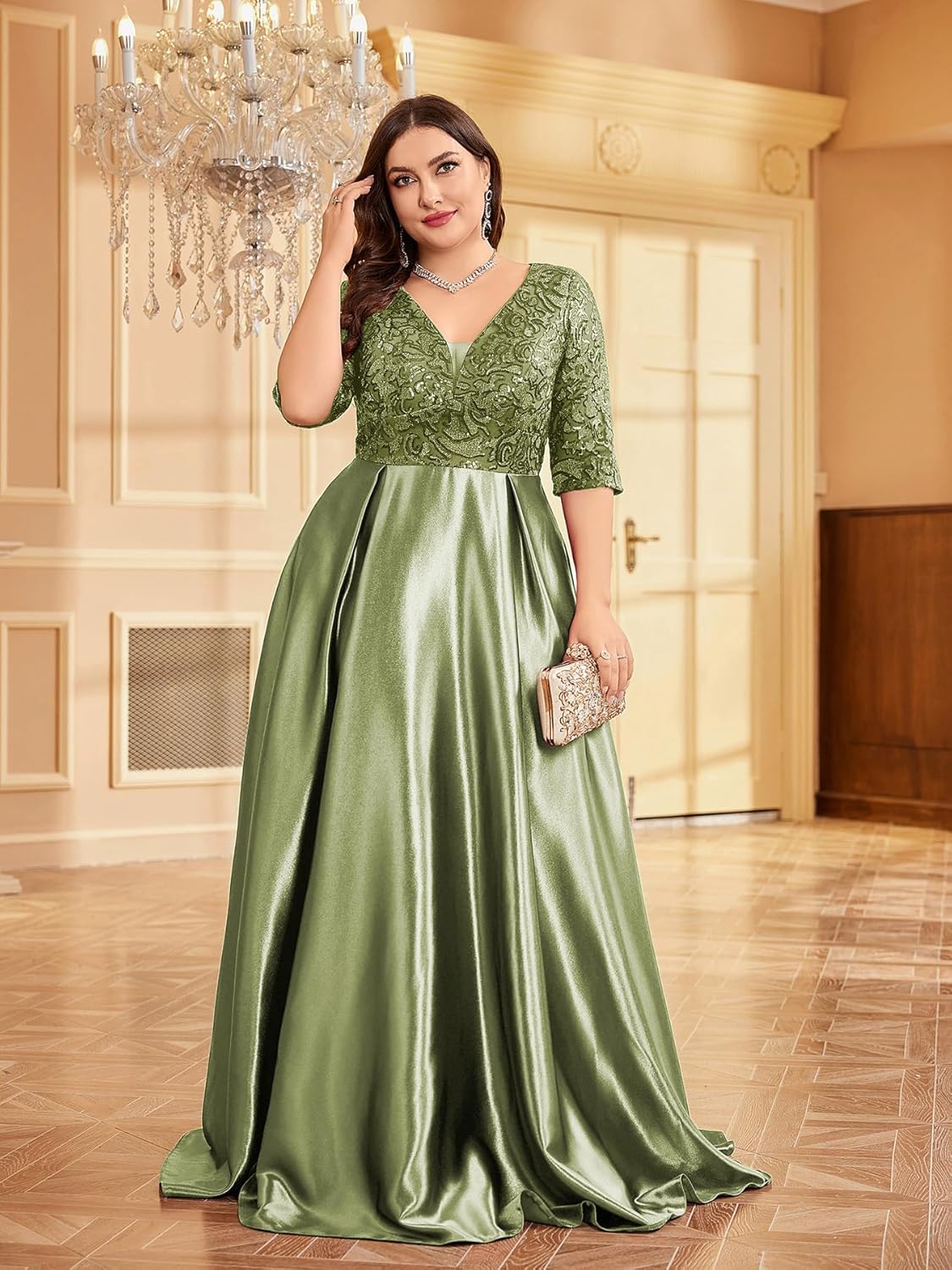 Plus Size Satin Evening Gowns Women Formal for Prom Party OR Wedding Long Sleeves V-Neck Mother of The Bride Dress - Image 4