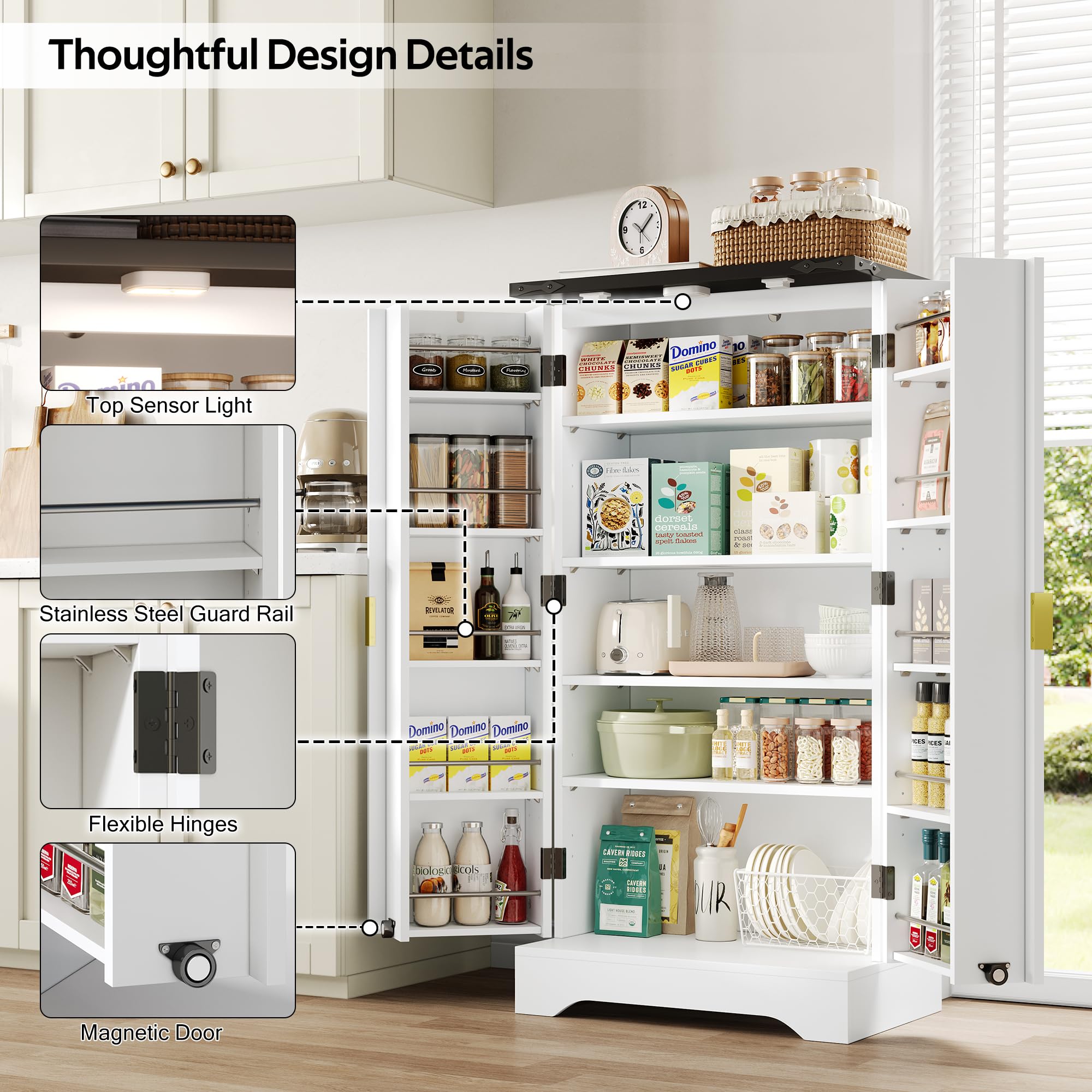 Küchenschrank mit Gewürzregal – Moderner Doppeltür-Hochschrank 120x60.5x40cm, Verstellbare Regalböden, Holzmaserung-Finish, Stauraum für Küche & Esszimmer (Weiß)
