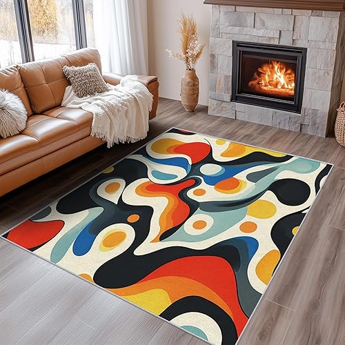 70s Funky Rugs for Bedroom 5x8 - Colorful Weird Psychedelic Carpet for Living Room, Retro Abstract Art Washable Area Rug & Home Decor, Soft Low Pile