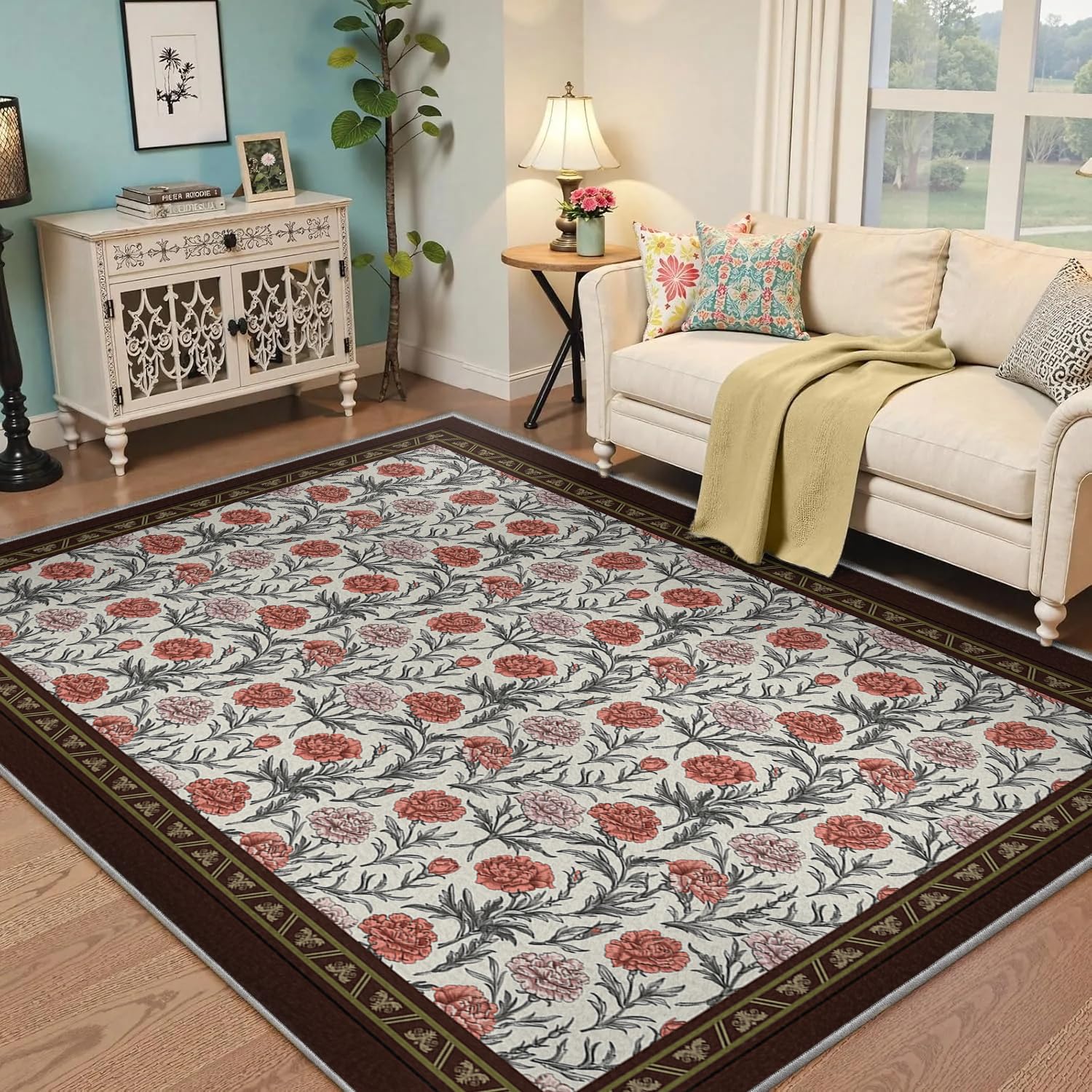 Tapis traditionnel oriental lavable et antidérapant à poil bas pour salon et chambre