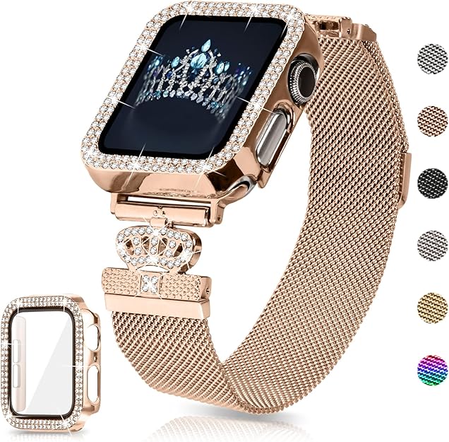 Magnetic Band Compatible with Apple Watch 38mm 40mm 41mm 42mm 44mm 45mm 46mm Stainless Steel Metal Strap with Bling Case and Built-in Screen Protector, Dressy Milanese Loop iWatch Bands for Women