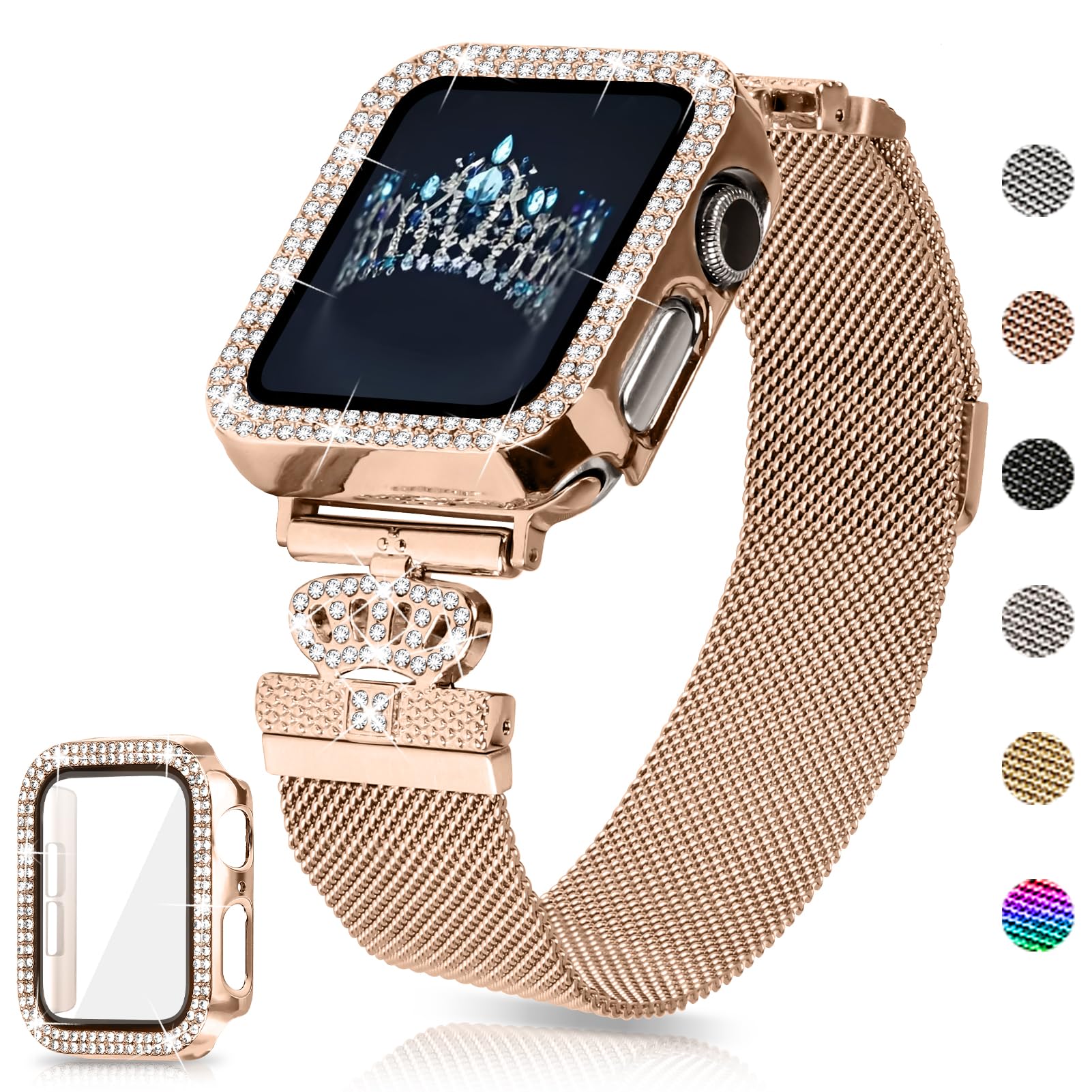 Magnetic Band Compatible with Apple Watch 38mm 40mm 41mm 42mm 44mm 45mm 46mm Stainless Steel Metal Strap with Bling Case and Built-in Screen Protector, Dressy Milanese Loop iWatch Bands for Women