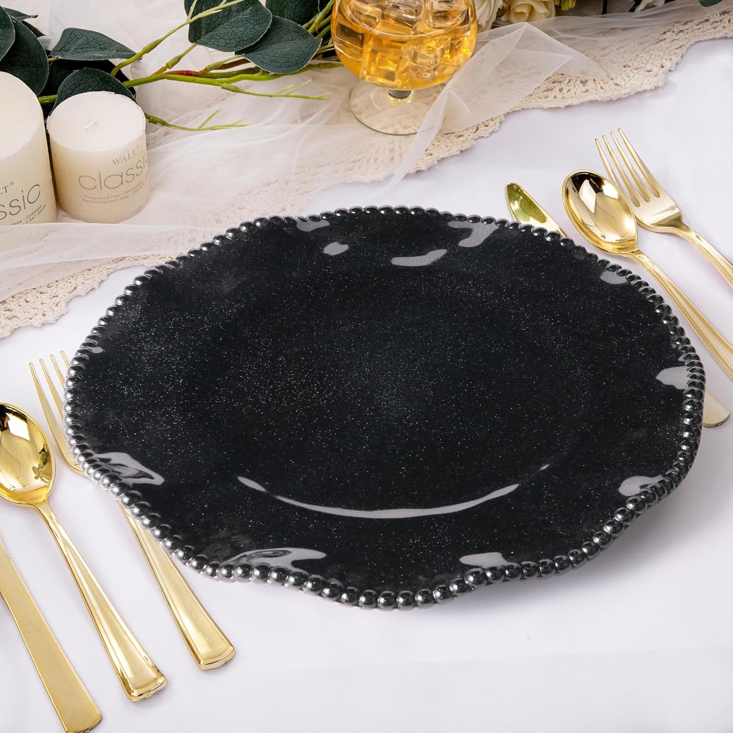 11 Inch Melamine Dinner Plates Set of 6 - Black Thick Heavy Duty Plates with Beaded Edge & Silver Flake Finish, Shatterproof Unbreakable Dinnerware for Home, Outdoor, Parties, Dishwasher Safe
