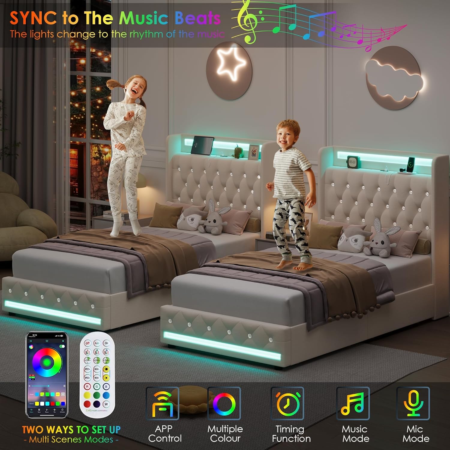 Two children jumping on HIFIT LED bed frames with lights syncing to music