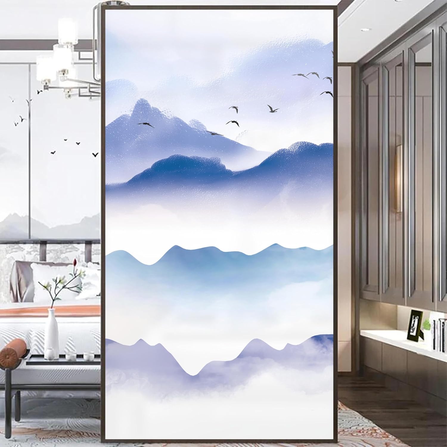 Privacy Windows Film 11B Chinese Landscape Painting Stained Glass No Glue Static Cling Decorative Window Stickers 89x180cm(35"" x70.9)