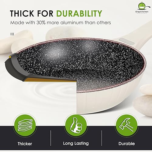 Miniatura 3 de Clockitchen Juego de ollas y sartenes antiadherentes, juegos de utensilios de cocina de inducción de granito (7 piezas), juego de cocina blanco y