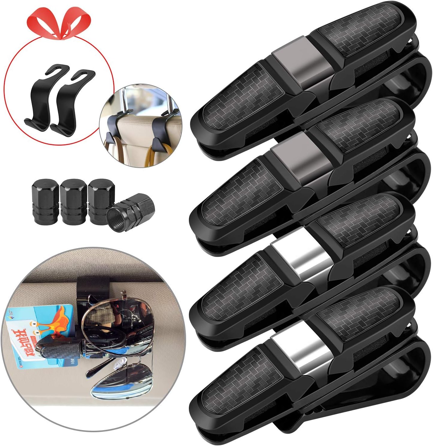 Homesprit 4 Pack Glasses Holders for Car Sun Visor 180 Degree Rotational with Ticket Card Clip (2 Black+2 Silver)