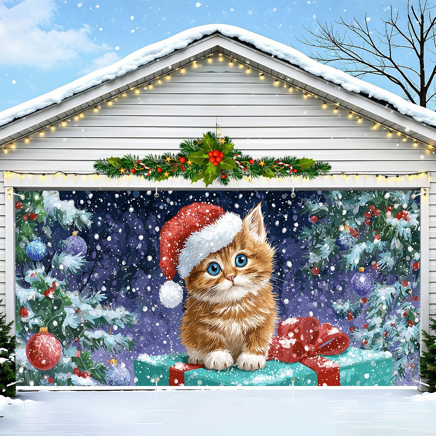 Christmas Cat with Santa Hat Garage Door Banner – Festive Snow Scene with Gift Box and Tree Garage Door Flag 13x6 Feet