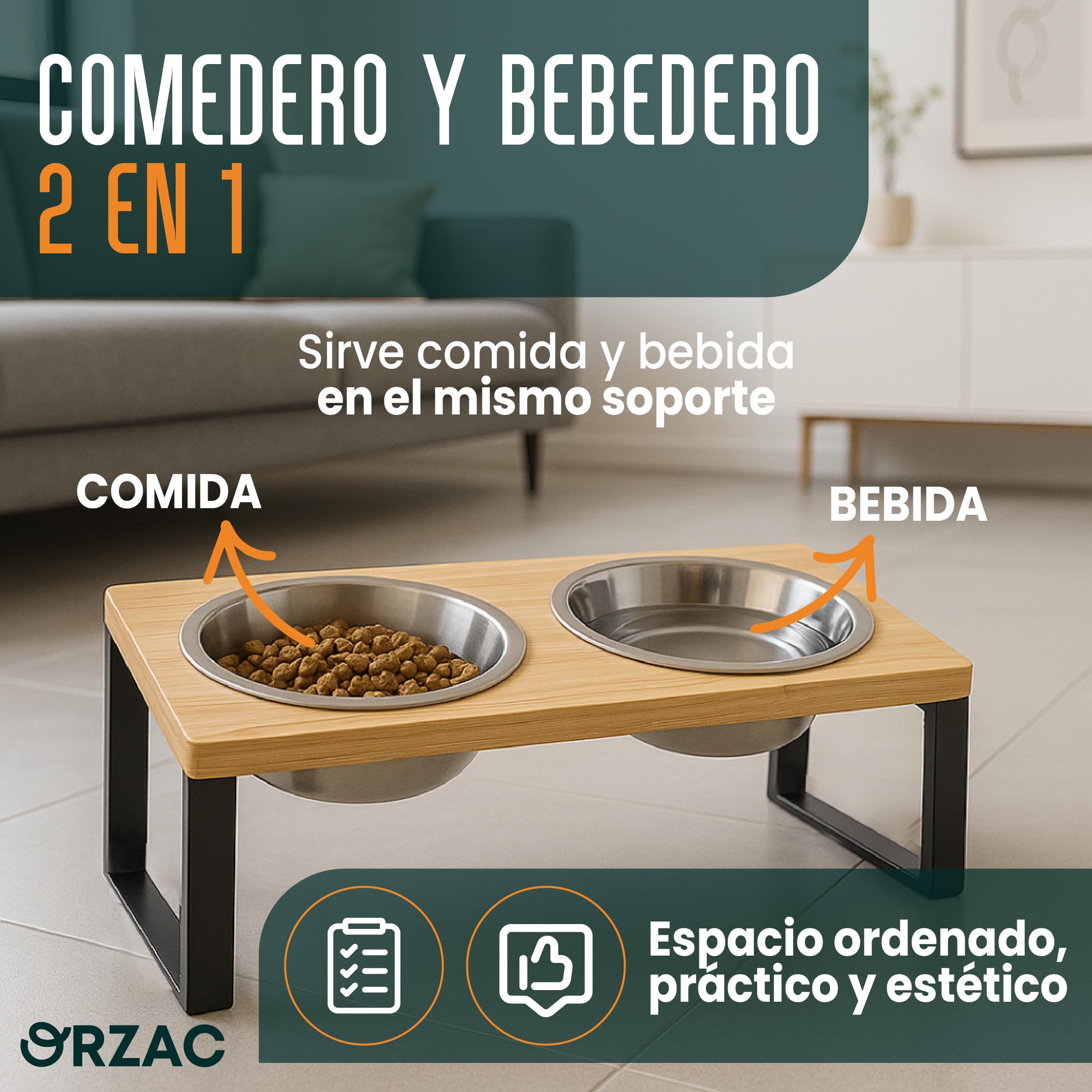 Comedero Elevado para Gatos con 2 Cuencos INOX 400 ml – Bambú Natural Antivuelco – Plato Gato Ergonómico Que Mejora Postura y Digestión + Collar de Regalo