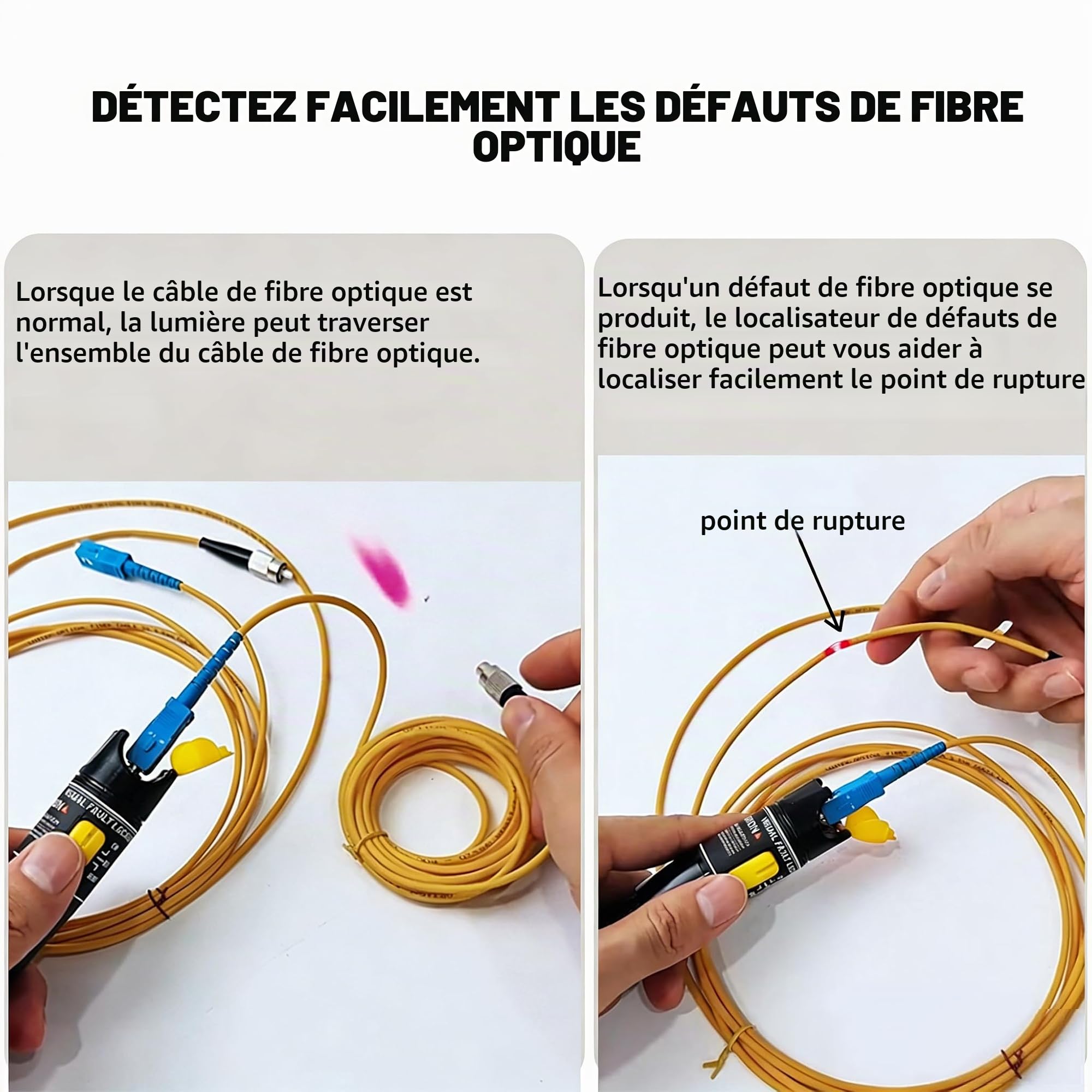 Localisateur visuel de Défauts 100mW pour Fibre Optique, Testeur de Câble avec FC-LC et SC-LC Adaptateur, Kit de Testeur Fibre Optique