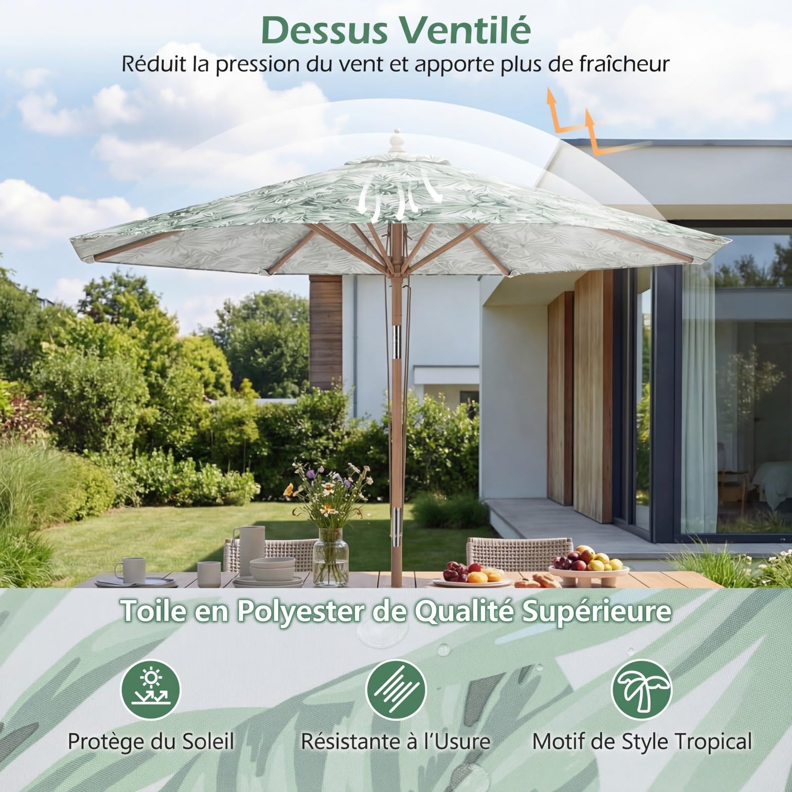 COSTWAY Parasol de Jardin Extérieur Φ270 CM, Parasol de Plage Inclinable sans Pied, 3 Hauteurs Réglables, 8 Baleines, Poteau en Bois, Toit Ventilé, pour Cour, Piscine, Terrasse, Balcon, Vert