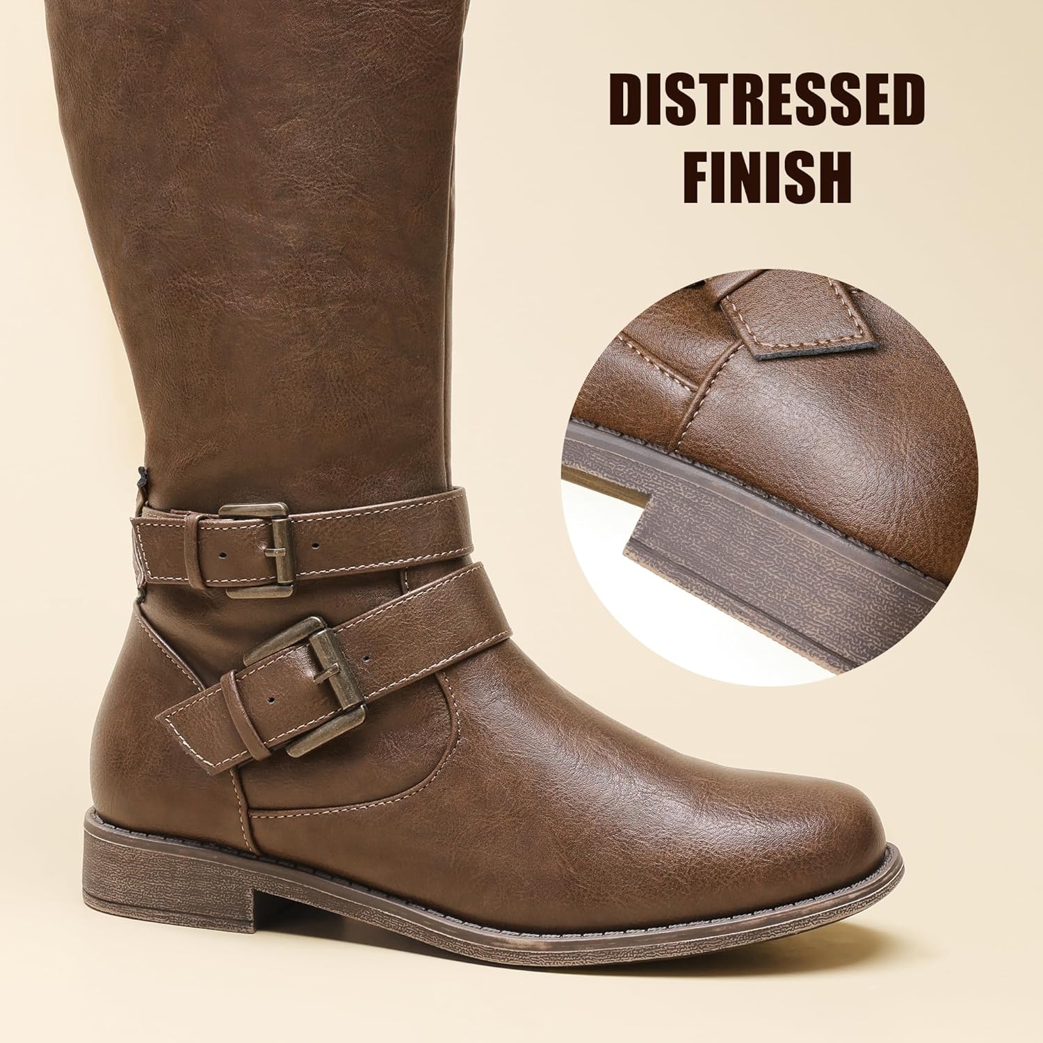 JustFab Womens Knee High Boots Faux Leather Brown Riding Boots Knee High Boots for Women Womens Low Heel Casual Boots for Women - Image 4