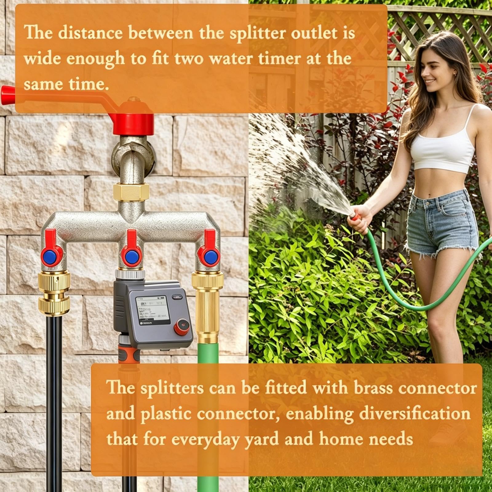 Qianly Hose Splitter Conector de para Grifo Exterior Distribuidor de Agua Vías Latón Resistente Adecuado para Riego de Jardines Uso Doméstico, Azul Rojo