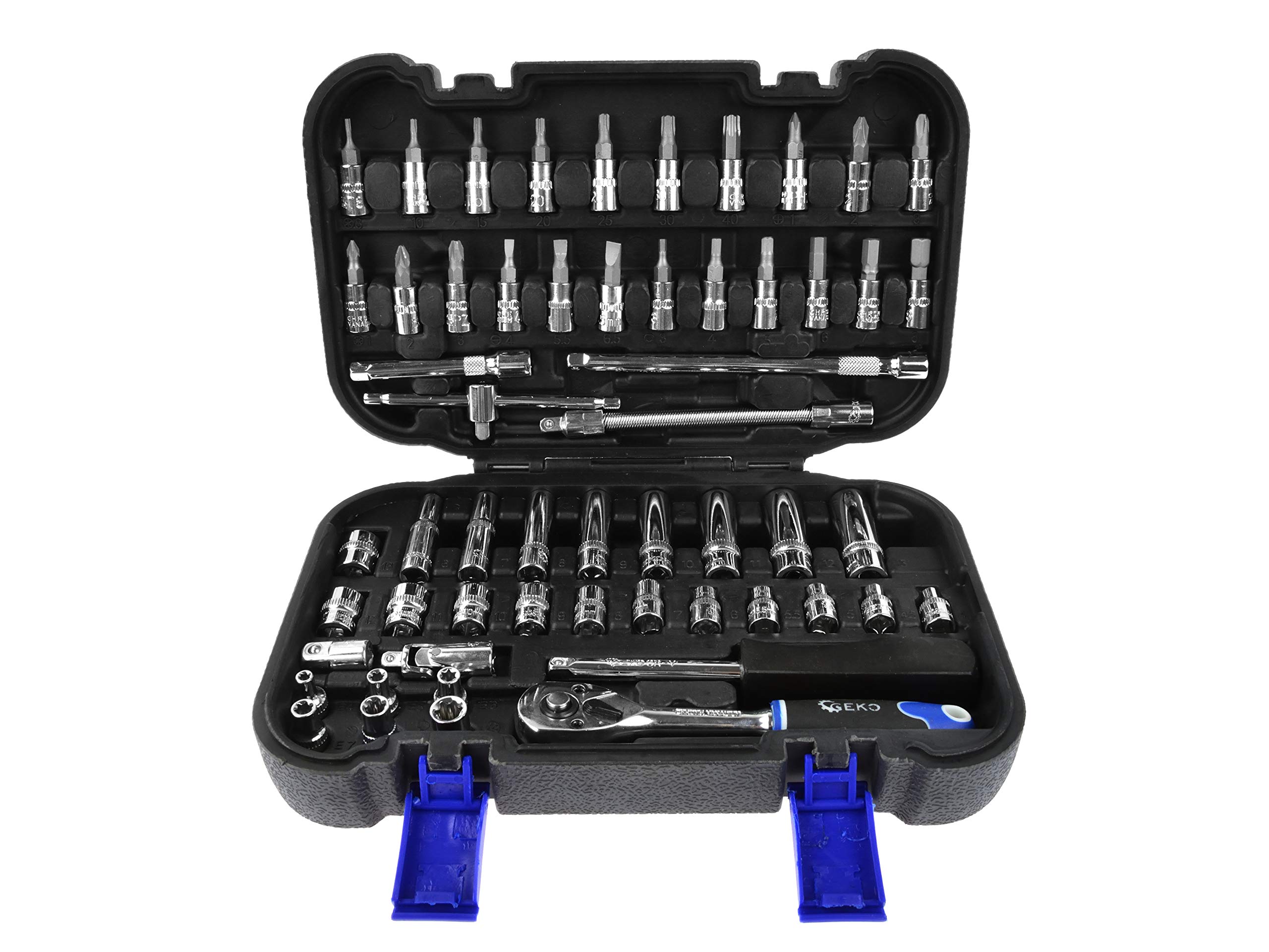 BSD Set di Chiavi a Bussola - Douilles 6 punte, Bussole TORX, Inserti di Avvitatore, Chiave a Cricchetto 1/4”, Maniglia Scorrevole - 56 Pezzi