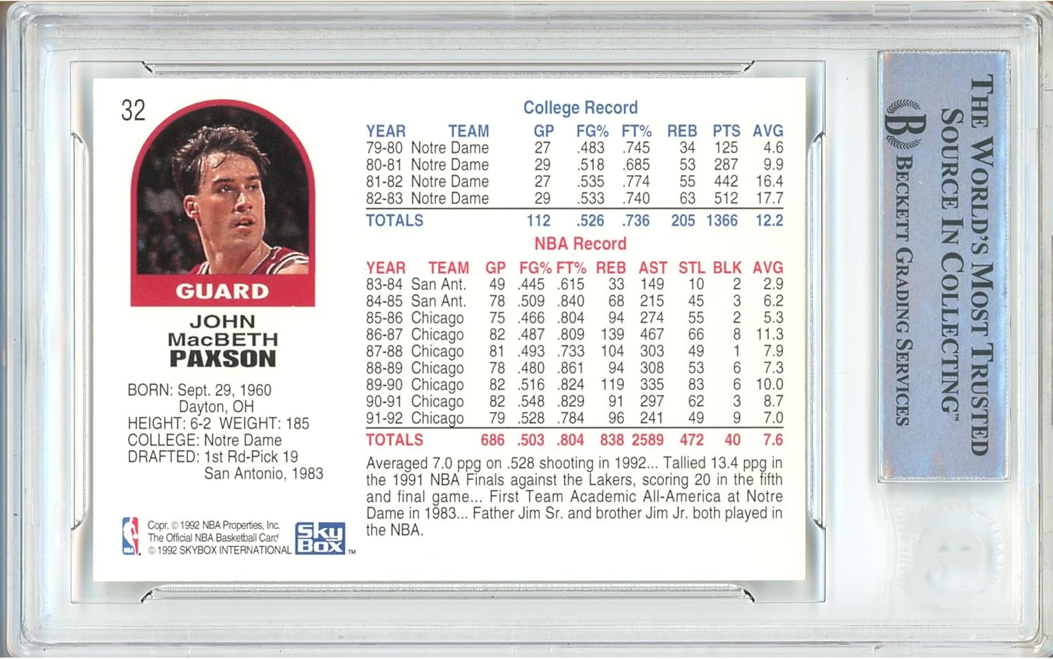 John Paxson Autographed 1992 1993 Hoops #32 Basketball Trading Card Slab Beckett BAS Authentic Slabbed COA Played For Chicago Bulls NBA