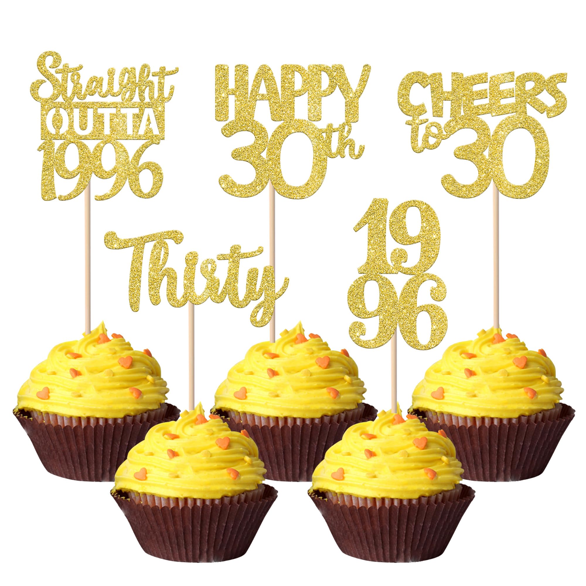 Xsstarmi 30 Pack Happy 30th Birthday Cupcake Toppers Gold Glitter Thirty Straight Outta 1996 Cupcake Picks for Cheers to 30 Years 30th Birthday Anniversary Party Cake Decorations