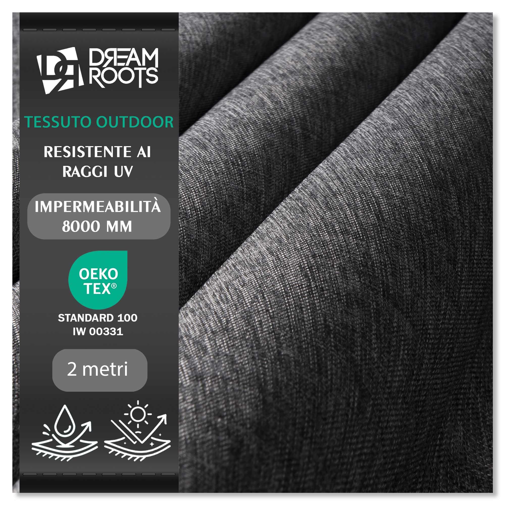 DreamRoots Tessuto Impermeabile per Esterno al Metro Effetto Lino Resistente UV - Tela Cerata con Rivestimento PU, 240 g/m², 8000 mm Colonna d'Acqua, 60.000 Martindale - Grigio, 2 m