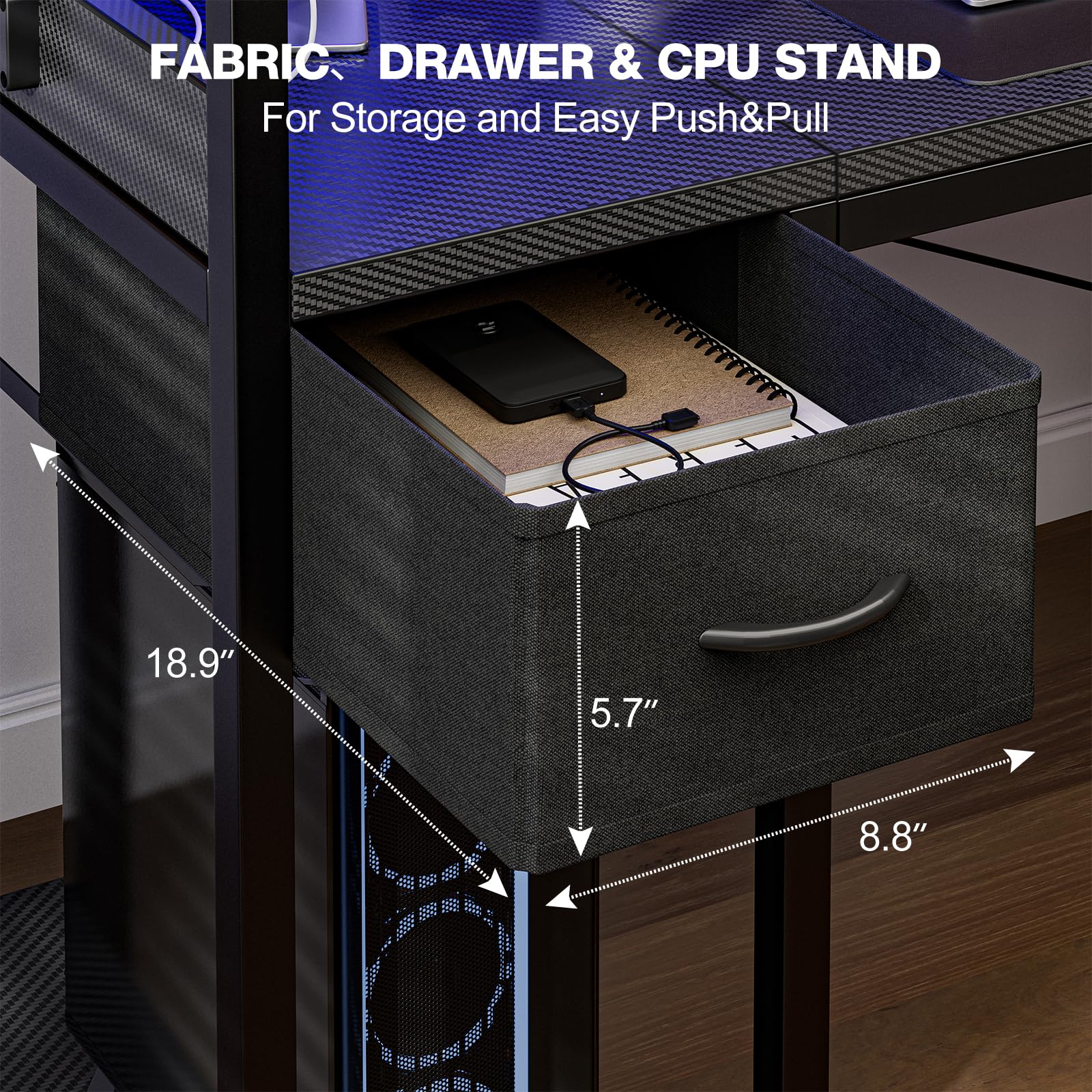 Grandder Gaming Tisch, 120x50 cm Gaming Schreibtisch mit Steckdose & LED-Beleuchtung, Computertisch mit reversiblen Regalen und Schublade, PC Tisch für Homeoffice mit Staufach, Carbonoptik Schwarz