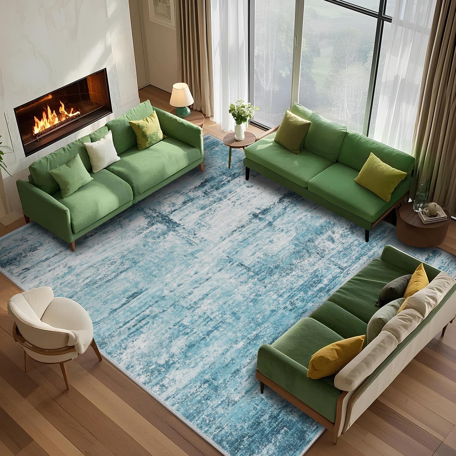 FLYRUGGO 5x7 Abstract Area Rugs for Living Room, Modern Teal Grey Washable Indoor Rug for Bedroom, Thin Soft Large Non-Slip Carpet for Dining Room