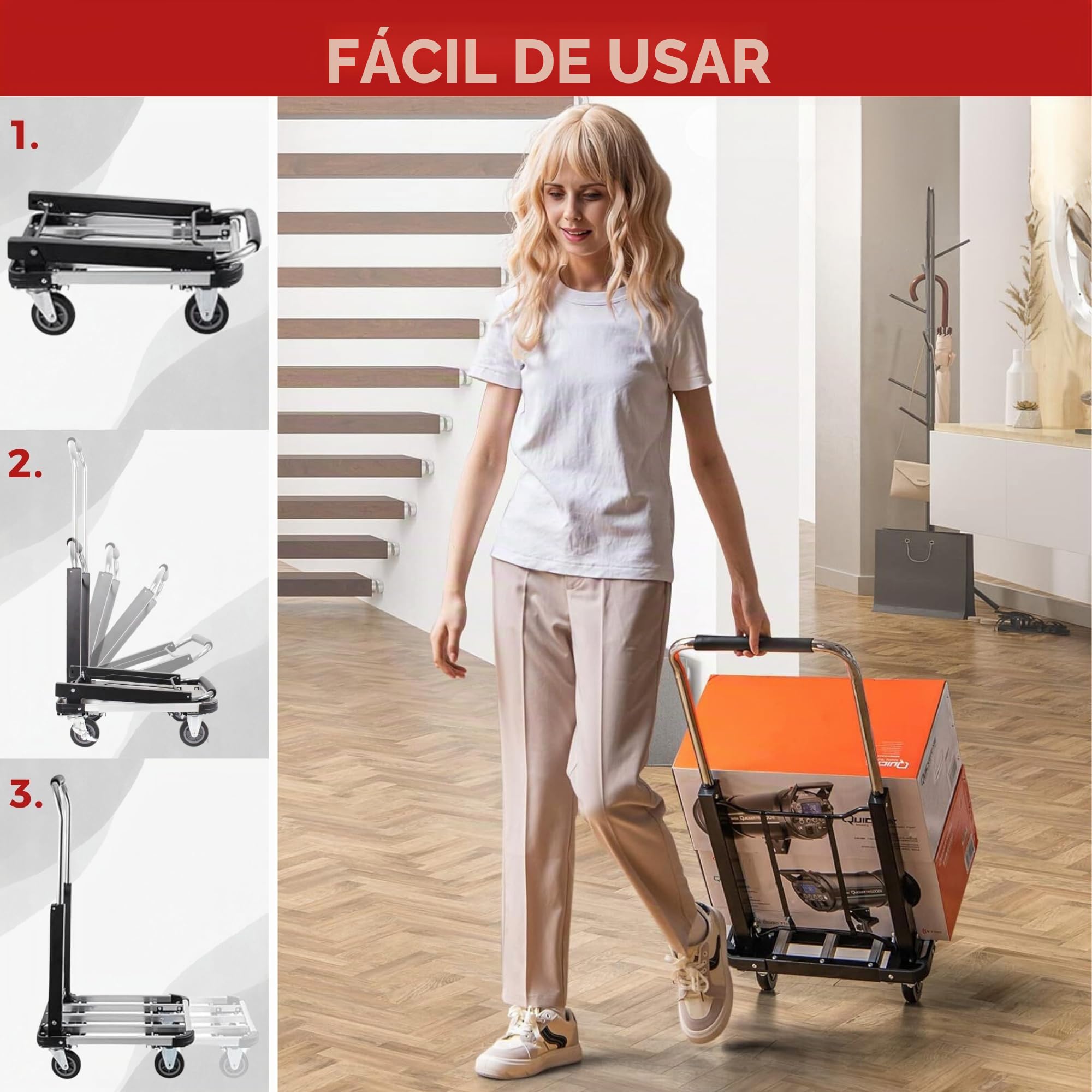 MAGIC SELECT Carretilla de Mano de Aluminio Plegable con 4 Ruedas | Extensible, Ruedas Antideslizantes, Capacidad 150 kg, Carro de Plataforma, Para Almacenes, Jardín, Hogar, Mudanzas