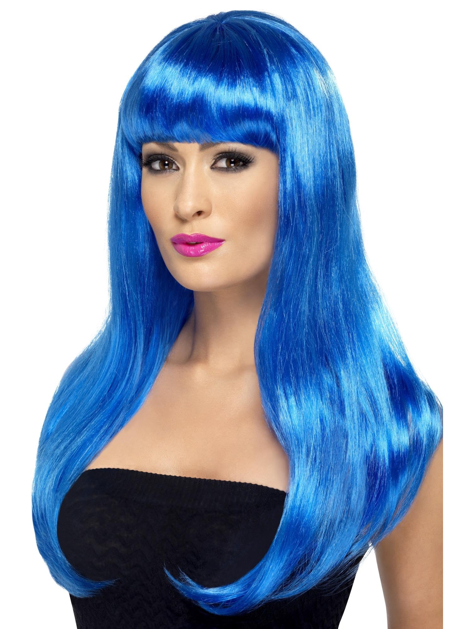 Smiffys Babelicious Wig, Blue Long, Straight with Fringe, Ladies Glamour Wigs Fancy Dress, Adult Dress Up Wigs