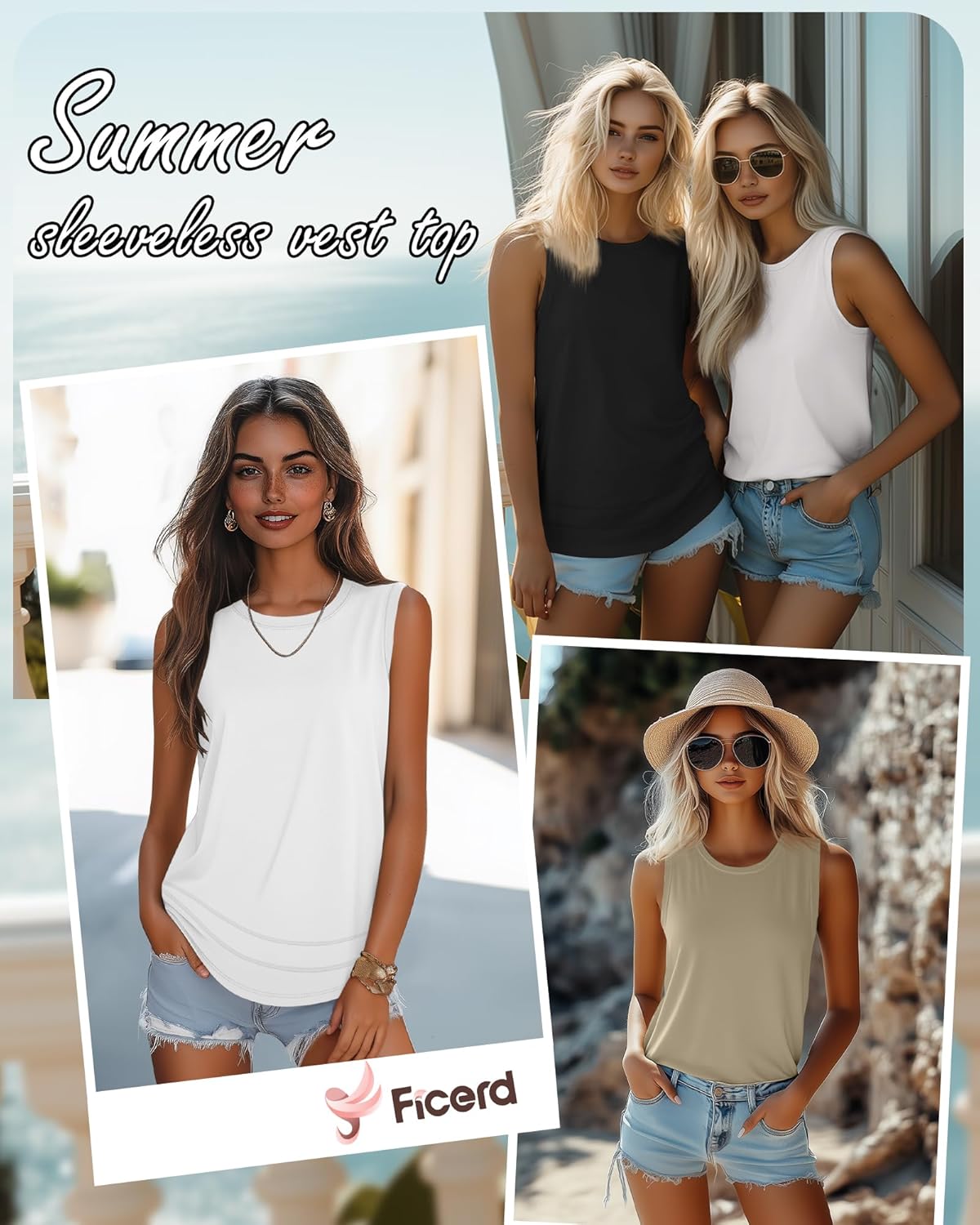 Ficerd 3 Pack Women's Tank Tops Sleeveless Crew Neck Summer T-Shirts Side Curved Hem Loose Casual Blouses - Image 3