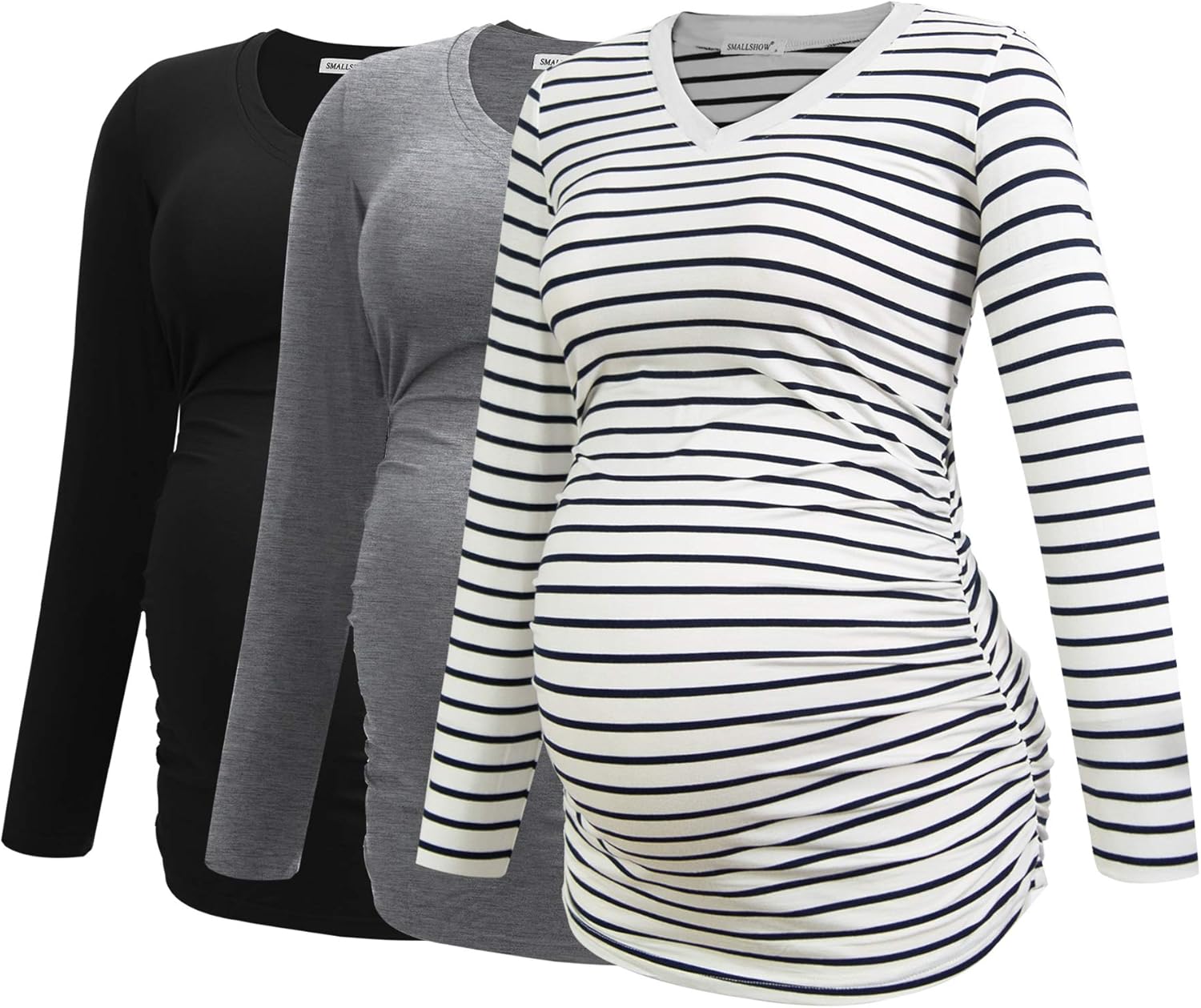 Smallshow Women's V-Neck Maternity Shirt Clothes Long Sleeve Ruched Pregnancy Top Medium Black-Light Grey-White Stripe