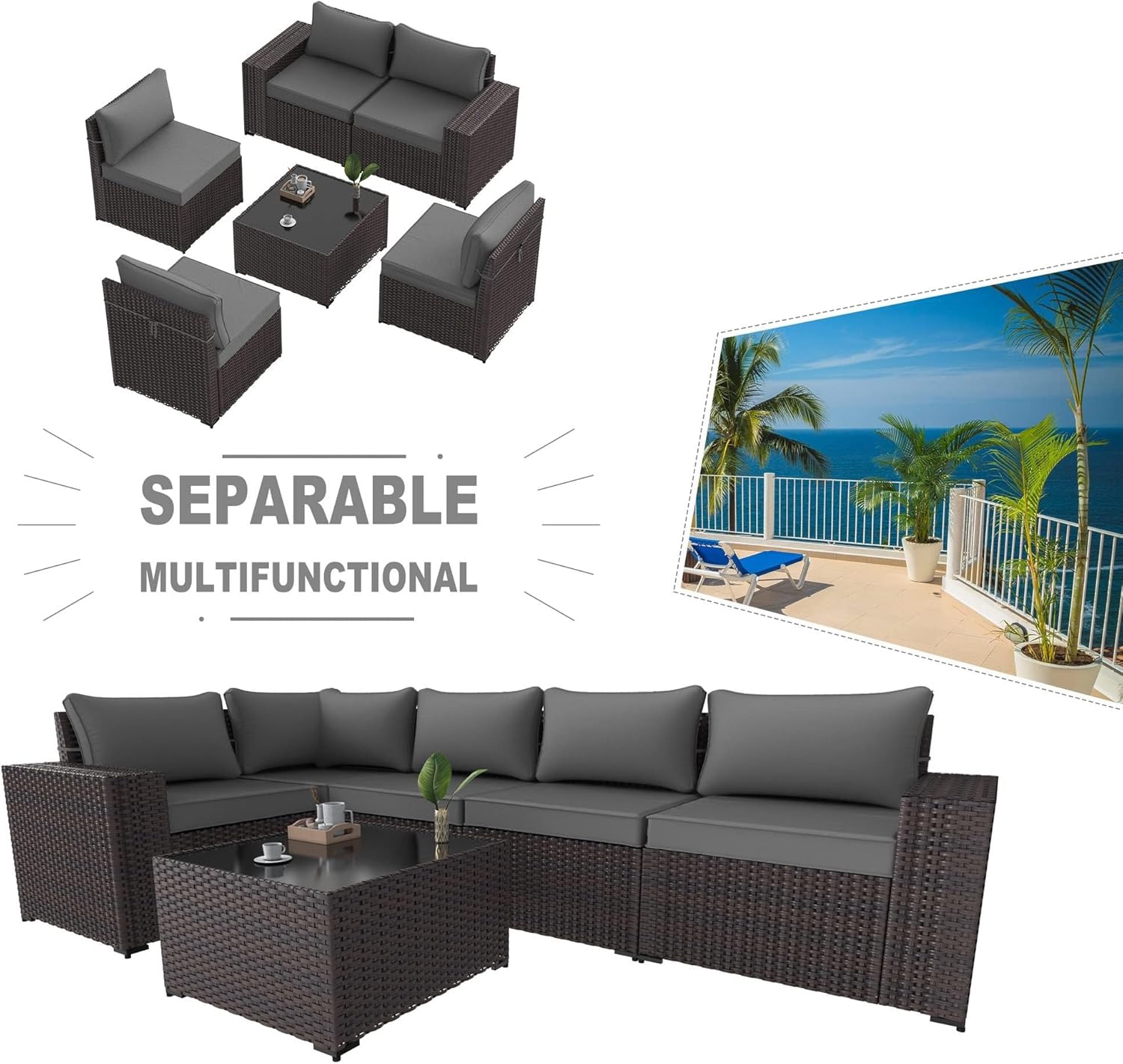 7 Pieces Outdoor Patio Furniture Set Sectional Rattan Sofa Set Brown PE Rattan Wicker Patio Conversation Sets with Tempered Glass Coffee Table and Washable Cushions Covers(Khaki)