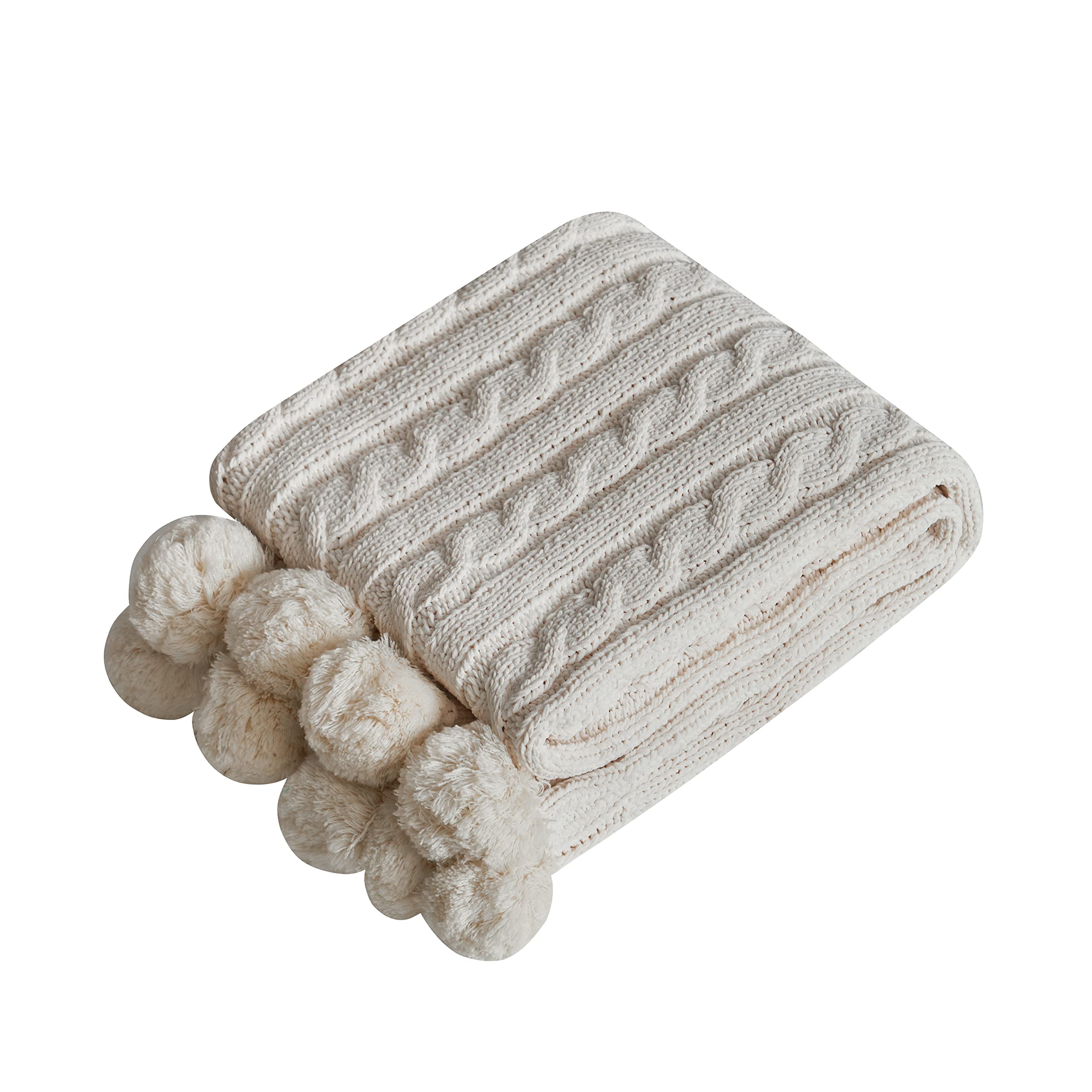 Chenille, grob, gestrickte Überwurfdecke mit 14 Pompons, Quasten, superweich, gemütlich, warm, Decke für Sofa, Bett, weiche Couch, 127 x 152,4 cm, Weiß