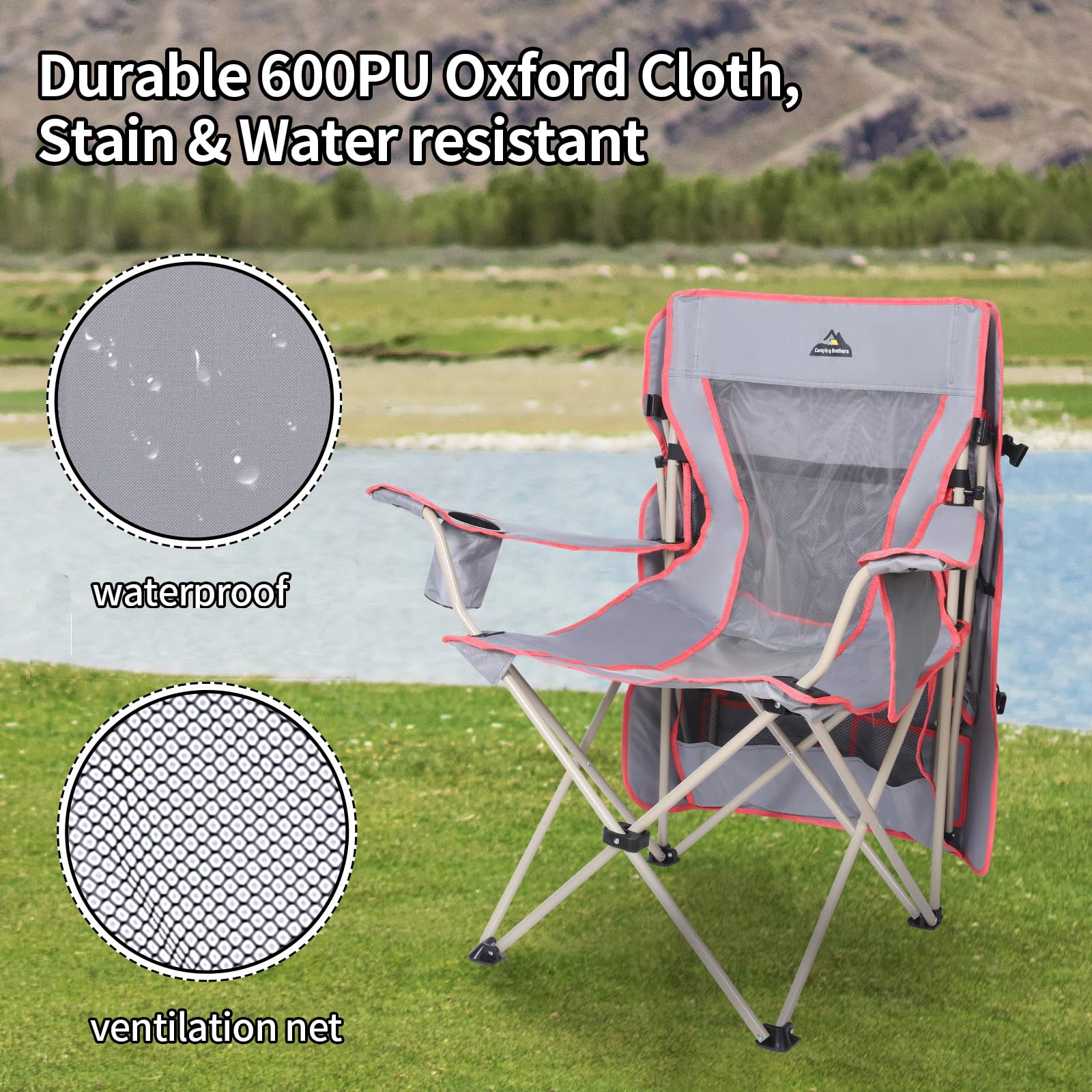 Silla de camping con toldo de sombra, silla de patio plegable al aire libre, incluye parasol retráctil, portavasos y bolsillos laterales (gris)
