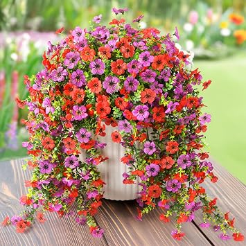 ZFProcess Artificial Hanging Flowers Plants for Outdoor Spring Summer Decoration,2PCS Faux Silk Daisy UV Resistant Look Real for Outside Home Indoor Planter Porch Window Yard DecorRed Purple