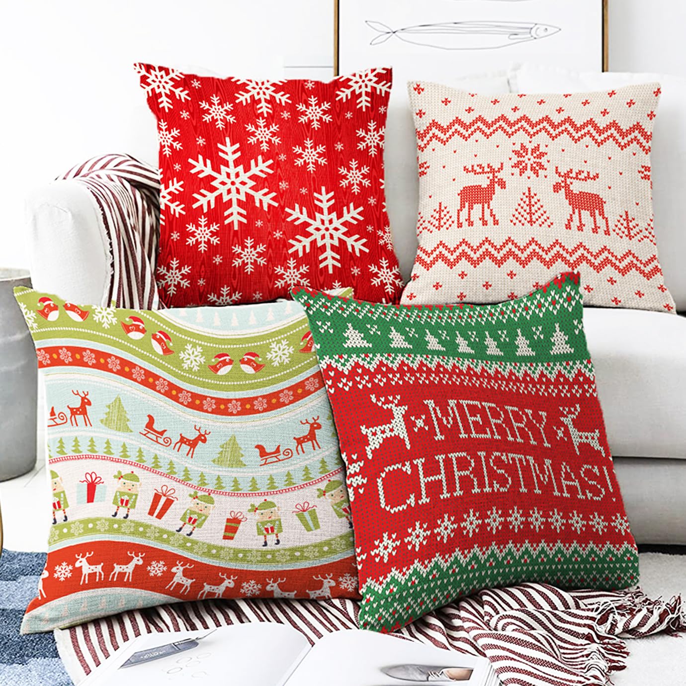 OyzShop Christmas Cushion Covers with Reindeers & Snowflakes Hand Knitted Themed, Double Sided with Multi-Sizes, OEKO-TEX, 40x40cm (16x16 Inch), All Set (4 Pieces)