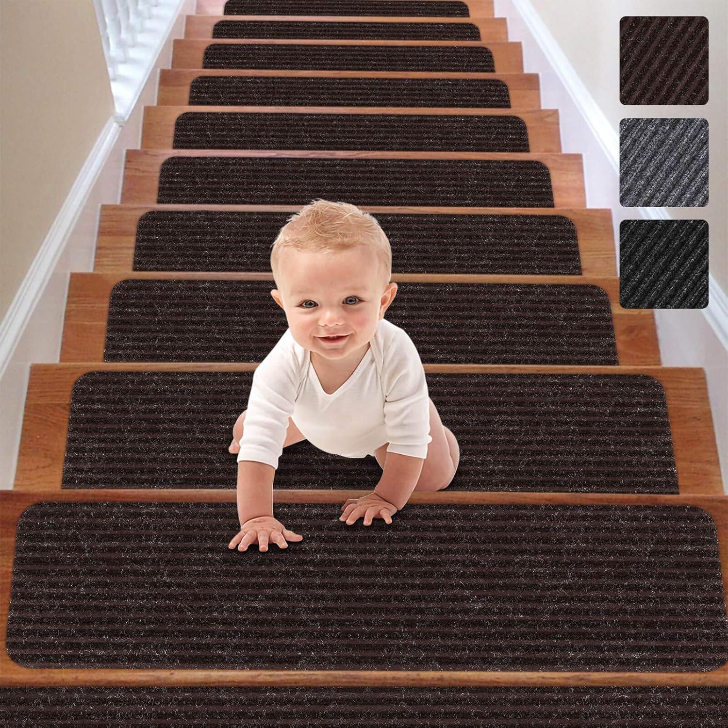 RIOLAND Stair Treads Carpet Non-Slip Indoor Stair Runners for Wooden Steps, Stair Rugs for Kids and Dogs, Set of 15, 8" X 30", Brown