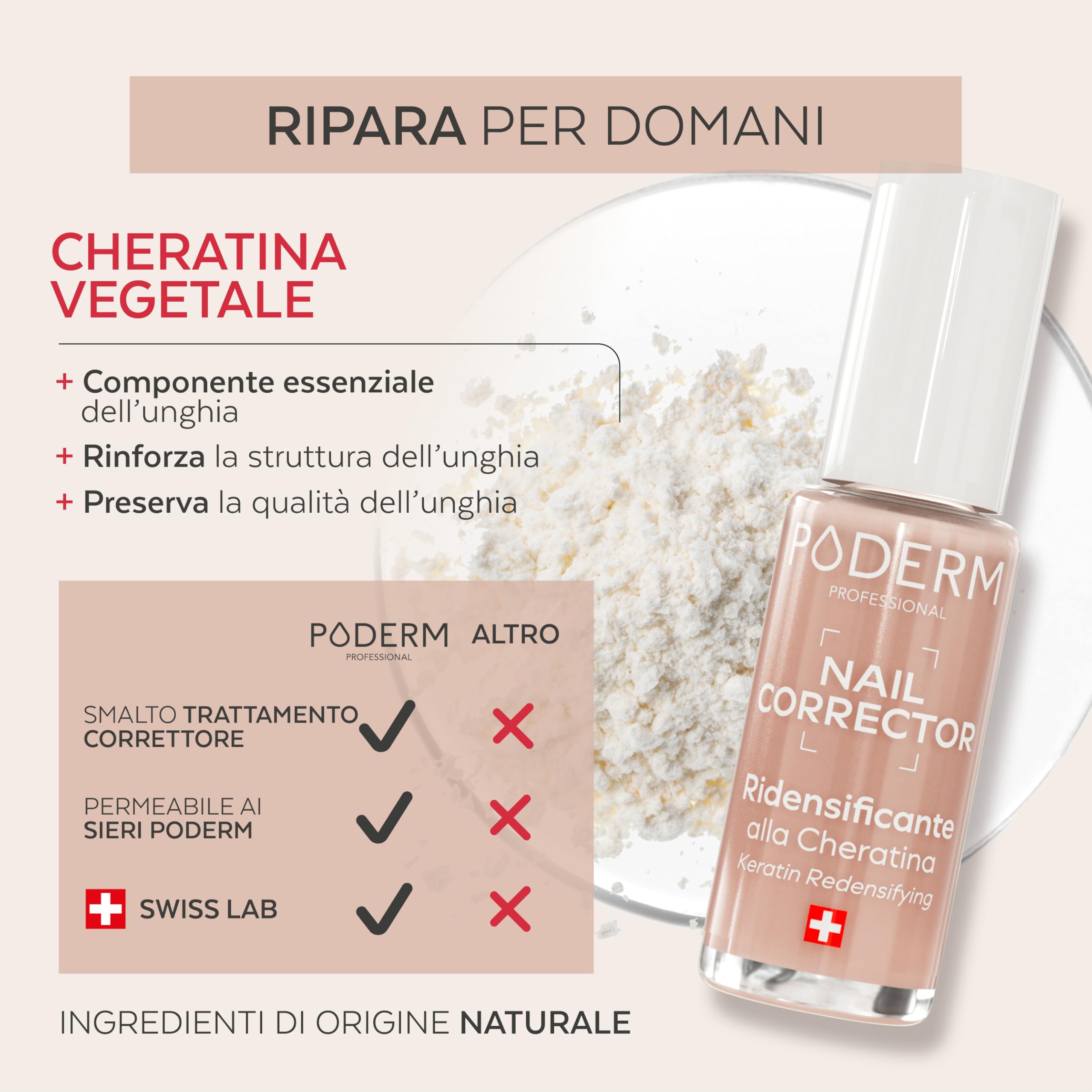 PODERM Smalto Trattamento Unghie Correttivo e Perfezionatore Cheratina | Ridensificante e Indurente 8 ml | Rinforza struttura dell’unghia con finish nude naturale | Sviluppato da Podologo in Svizzera
