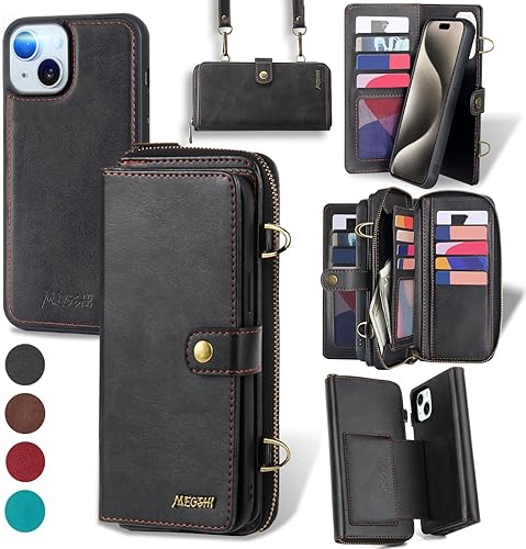 QIXIU Funda tipo cartera para iPhone 15 Plus, multifunción, desmontable, 3 en 1, funda magnética para teléfono, con correa abatible, cremallera y