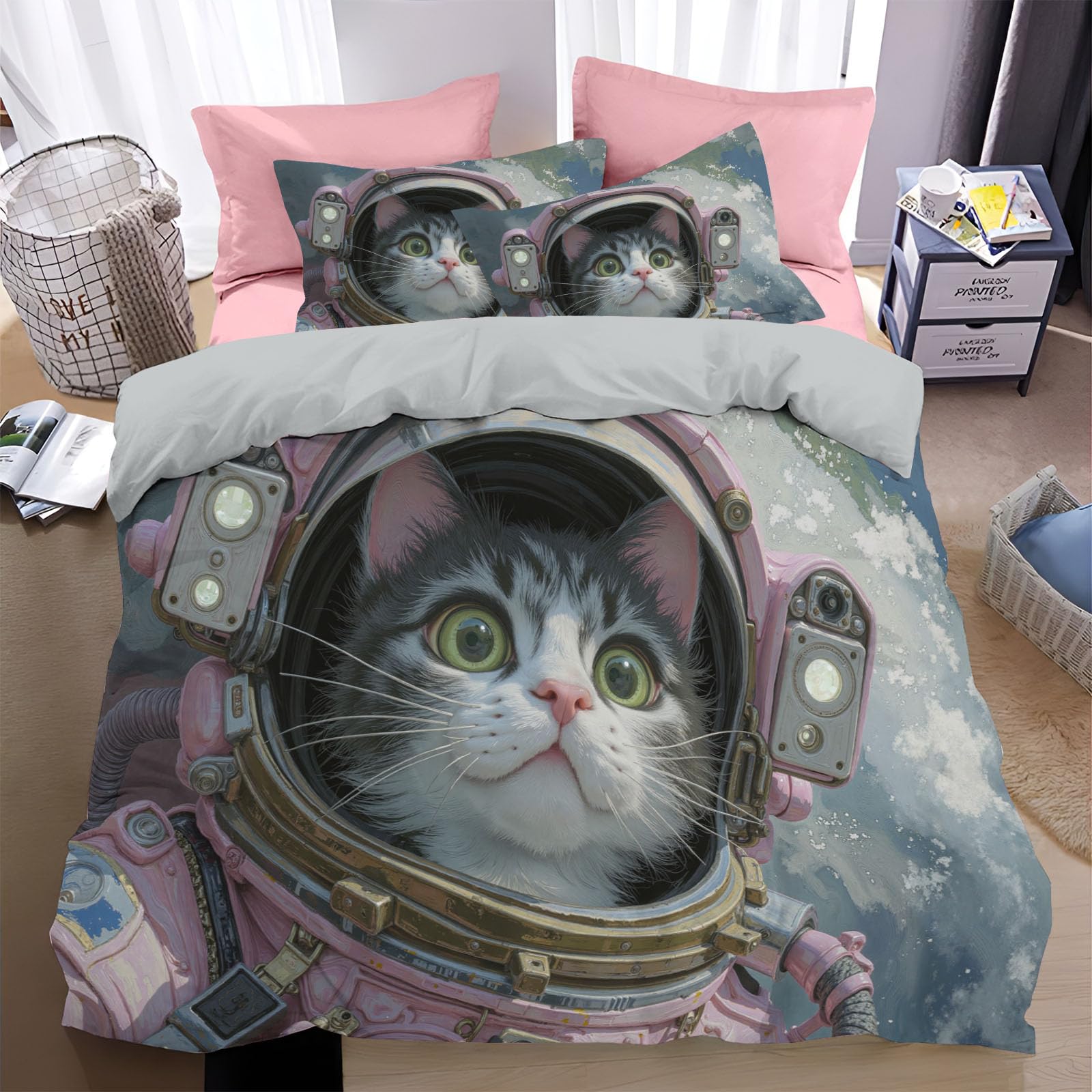 Housse de couette imprimée chat astronaute 140x200cm, le cadeau idéal pour chambre ado fille