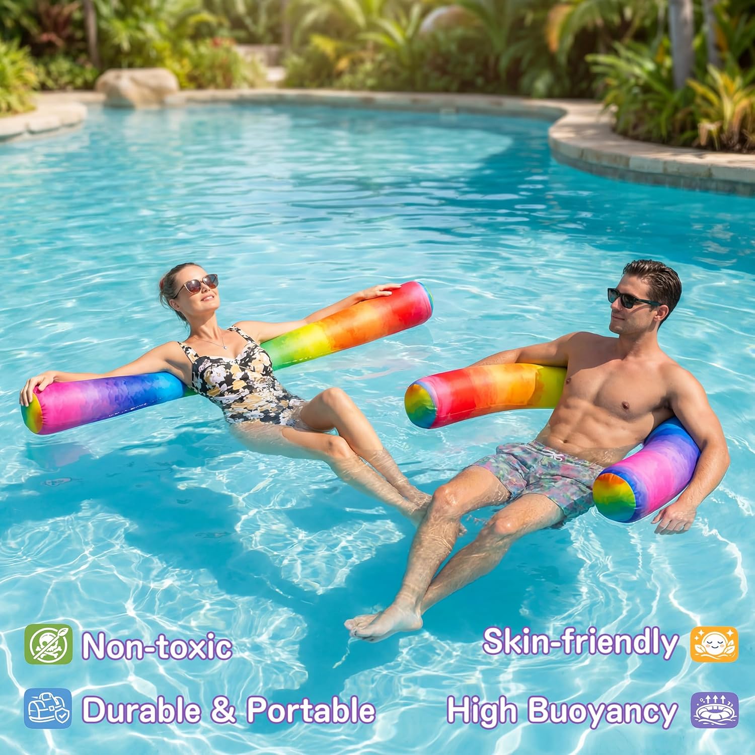 Inflatable Pool Noodles Set- 2 Pack Fabric-Covered Quick Drying Pool Floats for Adults, Inflatable Curved Swimming Pool Noodle with Hand Pump for Summer Vacation Beach Lake Party Water Games