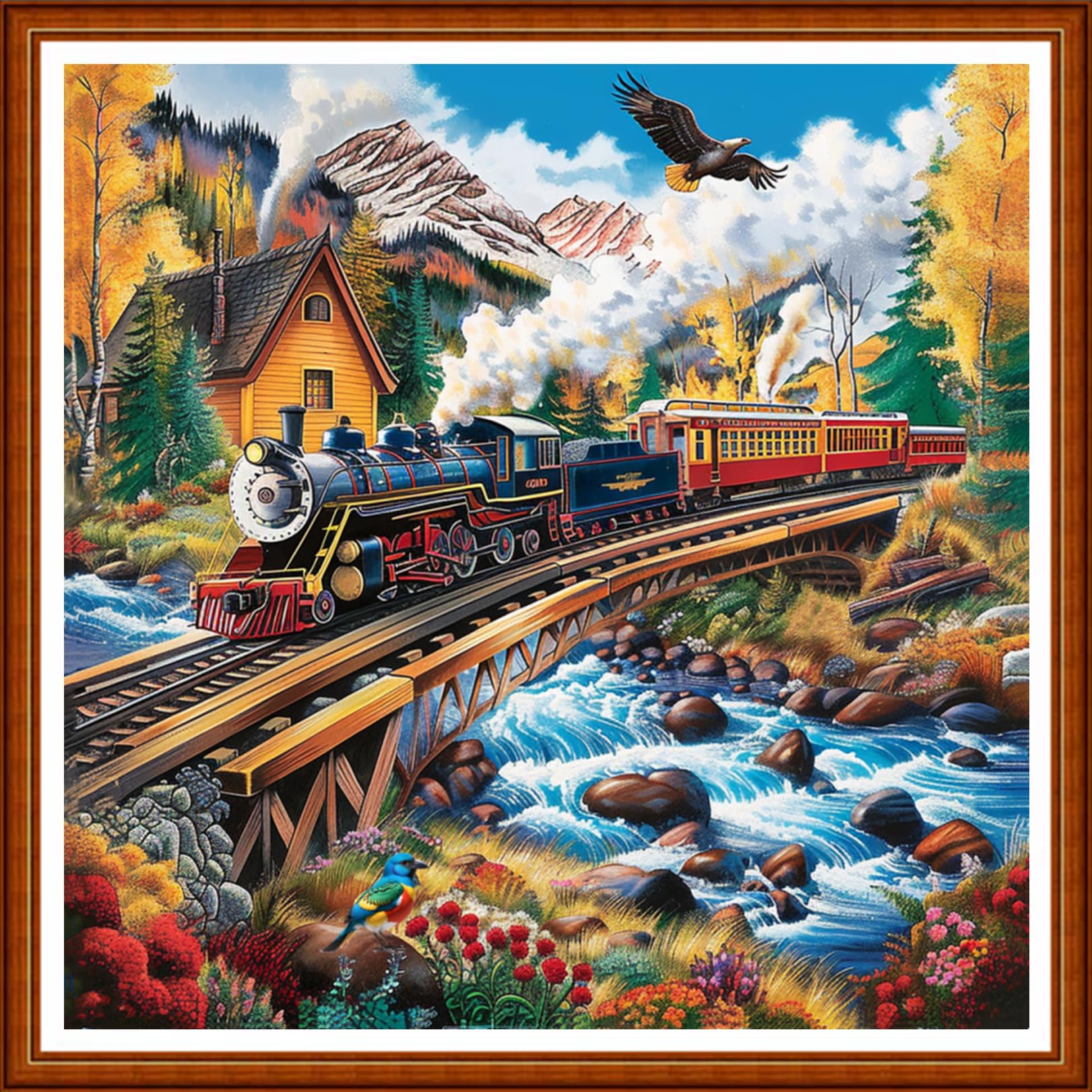 Joyhoor Stamped Cross Stitch Kits for Beginners Needlepoint Kits for Adults Embroidery Kits 11CT Counted Cross Stitch Kits Printed Embroidery Pattern-Forest Train Scenery 18x18 inchs