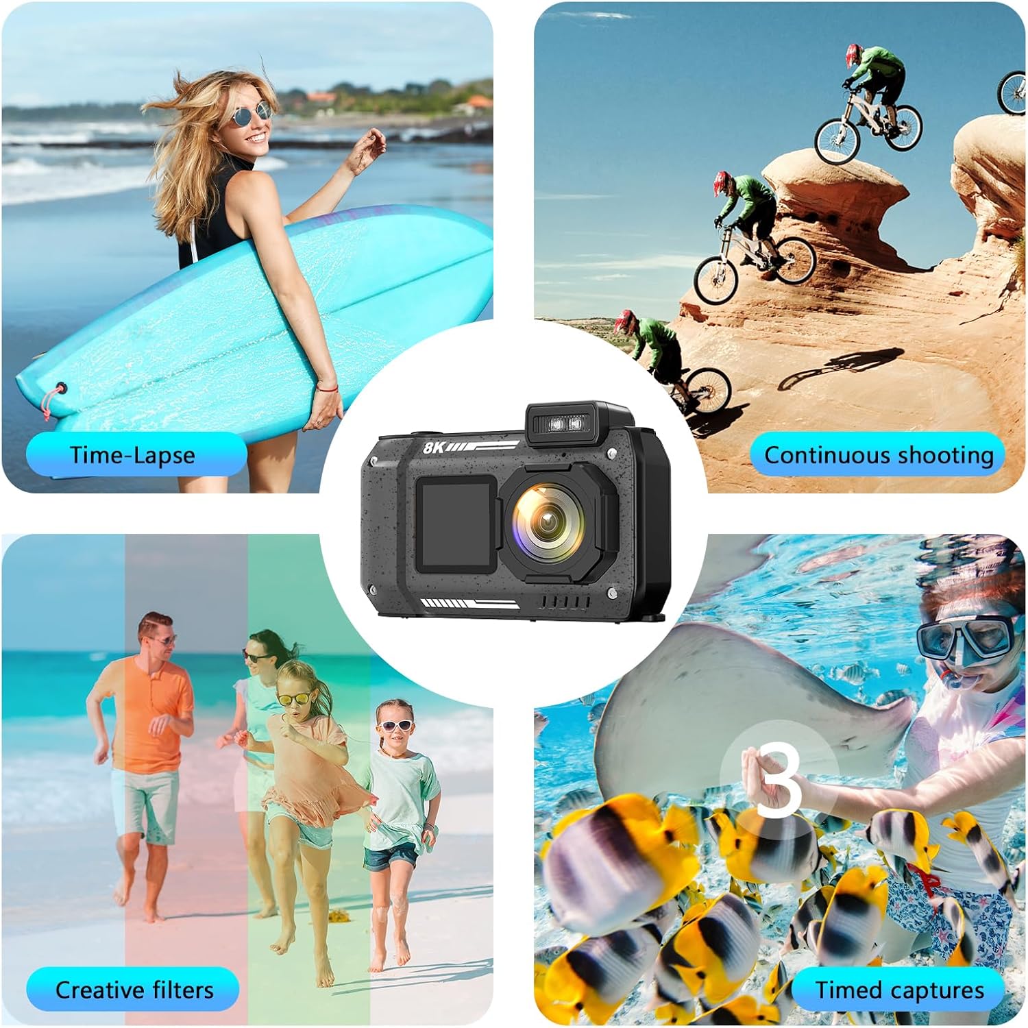 8K Waterproof Digital Camera Snorkeling: 70MP 33FT Compact Rugged Underwater Camera HD Dual-Screen with 18X Zoom Selfie 64GB Card & 2500 mAh Battery for Outdoor Scuba Diving Fishing Swimming Black