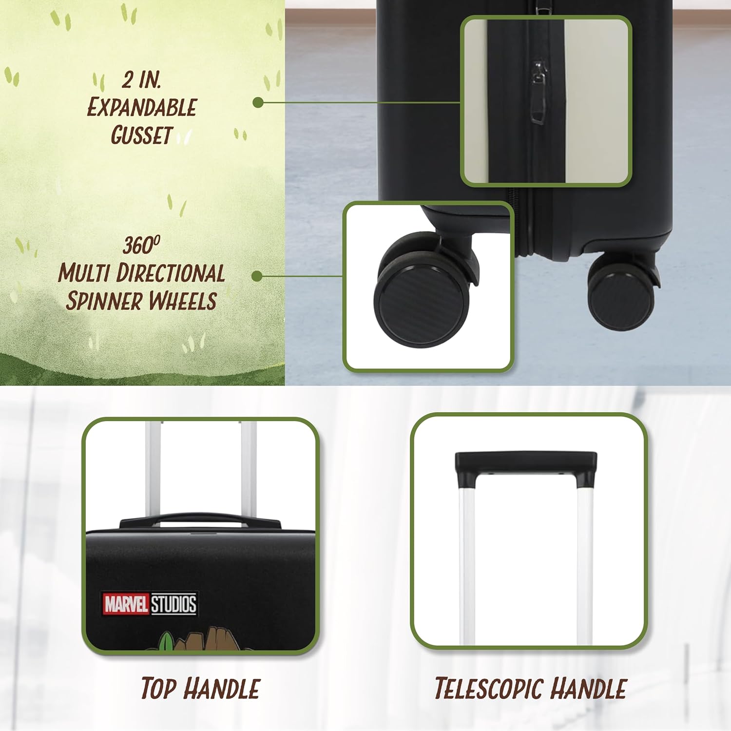 FUL Marvel Guardians of the Galaxy 22.5 Inch Carry On Luggage, Baby Groot Hardshell Rolling Suitcase with Spinner Wheels, Black