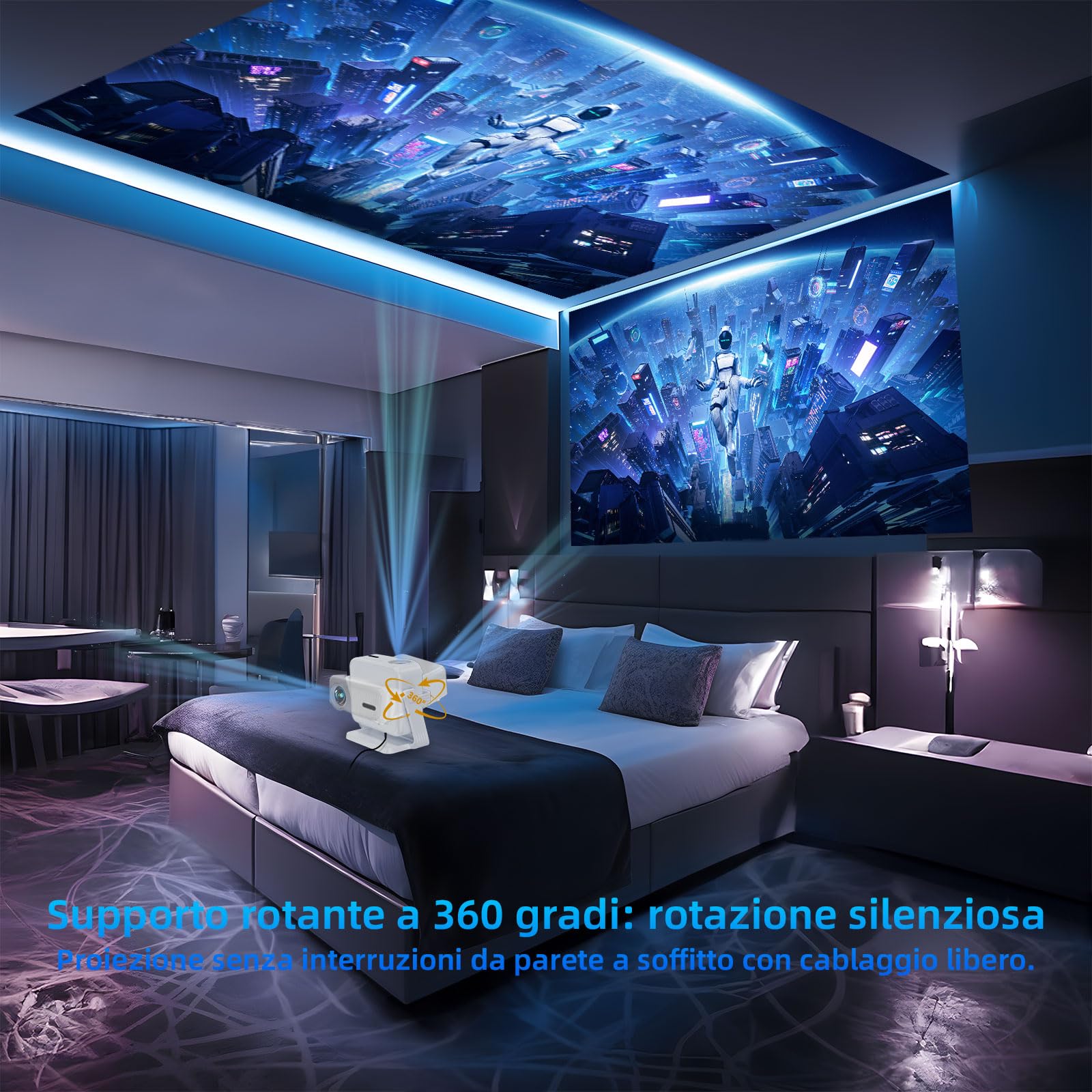 【E-Focus&Auto Keystone】Mini Proiettore 1080P Full HD 4K Support, Lisowod Portatile Videoproiettore Wifi Bluetooth con Base Ruotabile di 360°, Home Cinema Proiettore Compatibile con phone/PC/HDMI/USB