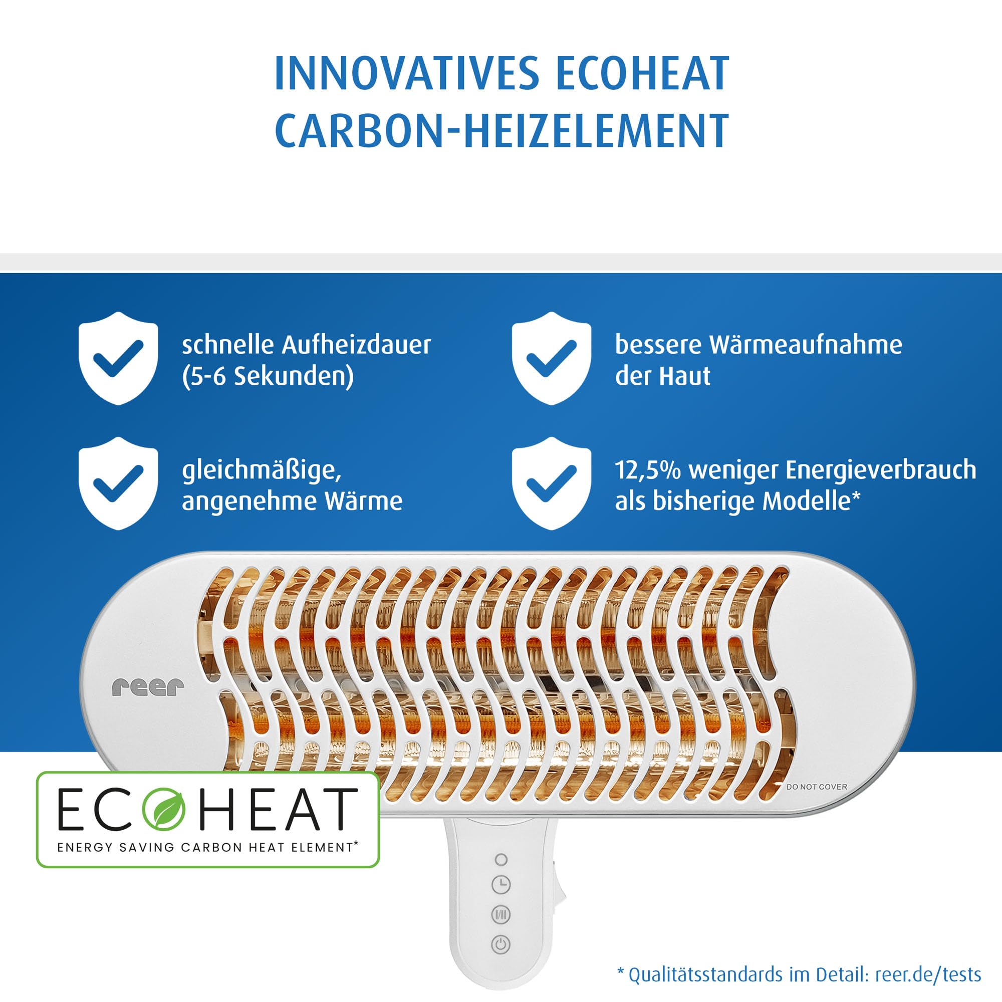 reer HeatCare+ Wickeltisch-Wärmestrahler | EcoHeat Carbon Heizelement | Infrarot-Heizstrahler mit neigbarem Kopf | Wärmespender für Babys | Energiesparend | Wandgerät mit Fernbedienung