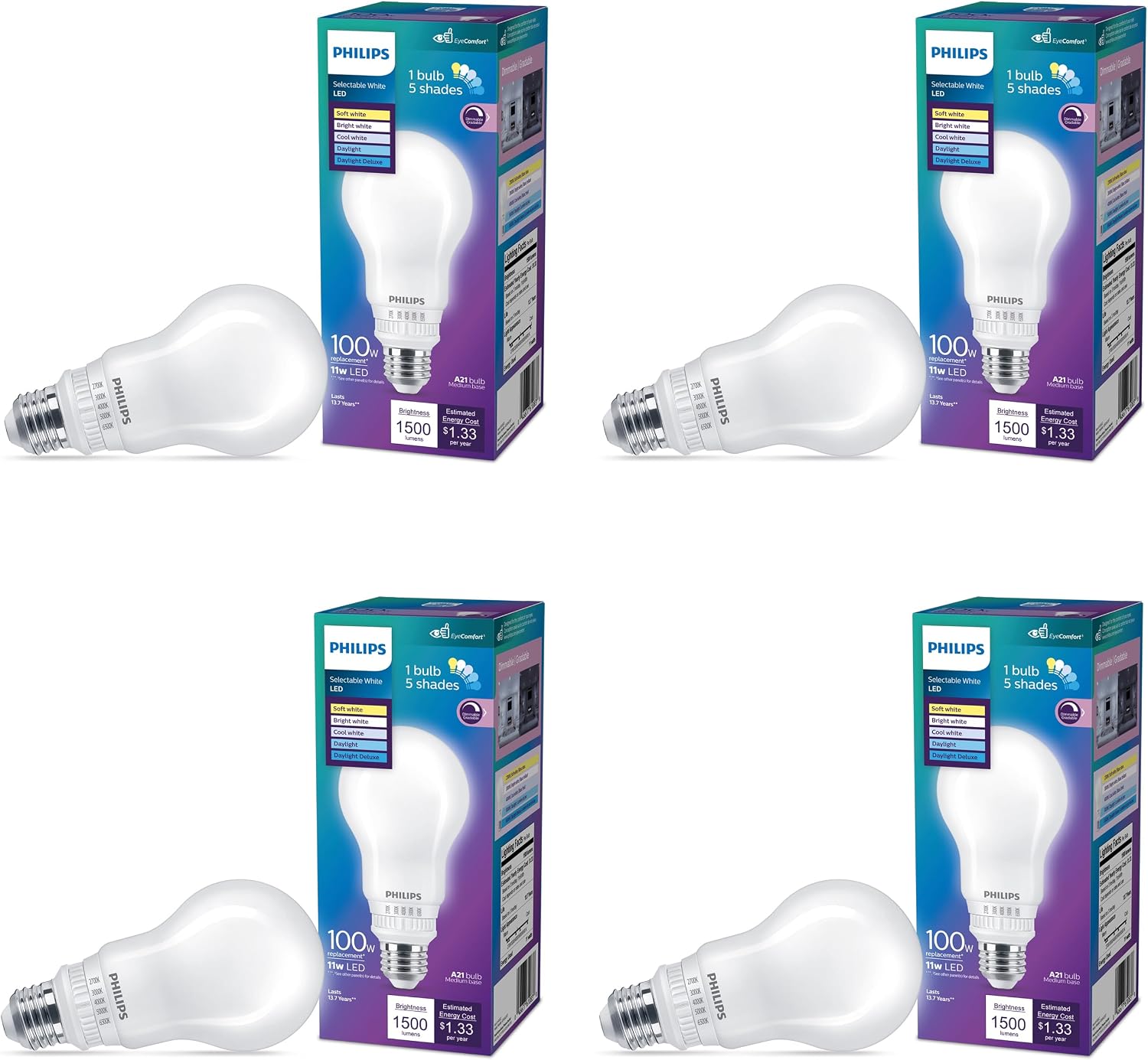 Philips LED Selectable White LED Bulbs 4-Pack, 11 W, A21, 5CCT, Dimmable, EyeComfort, Easy to Use, T20, Frosted Glass, E26