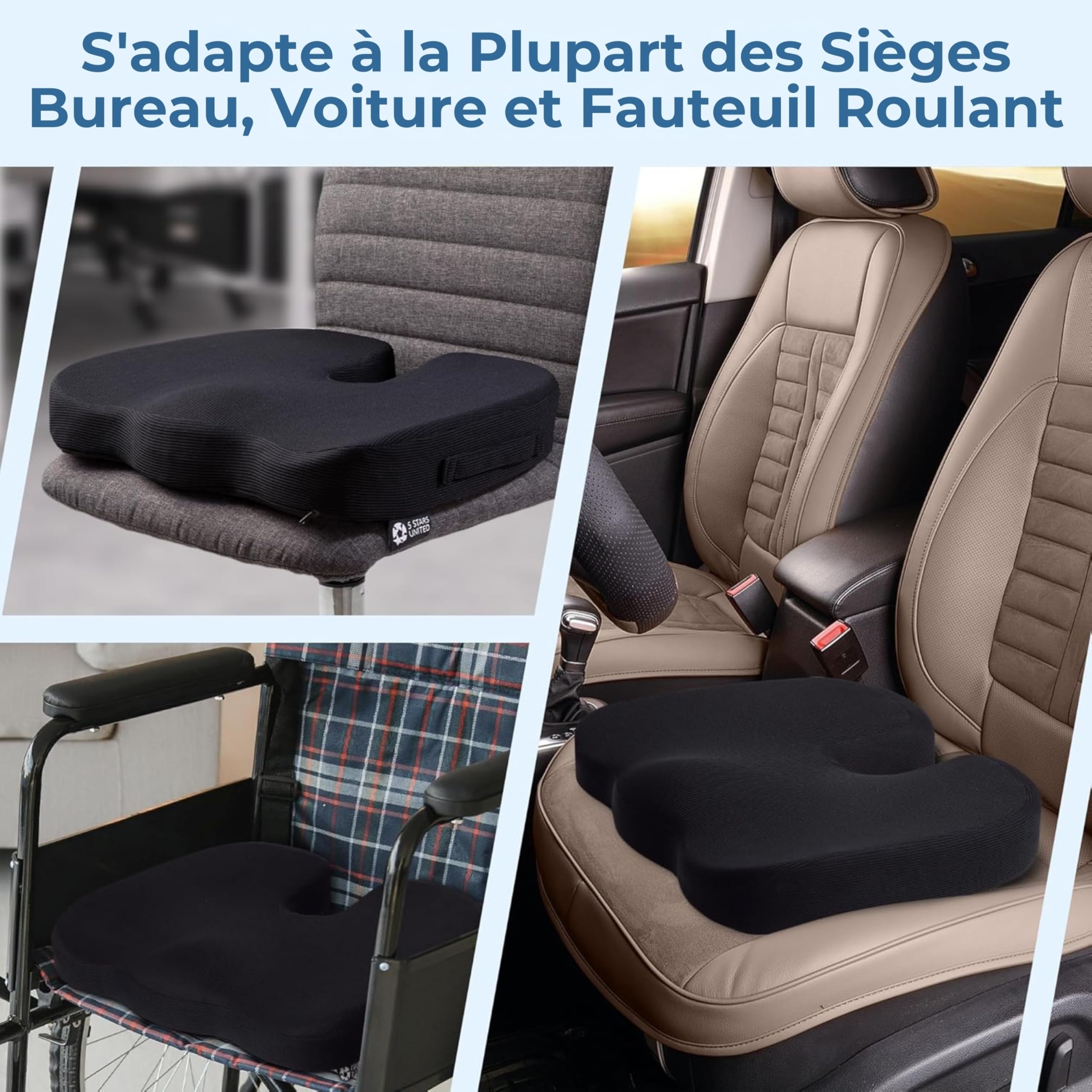 Coussin d’Assise en Mousse à Mémoire de Forme, Coccyx Ergonomique pour Chaise de Bureau, Soulagement Sciatique & Lombaires – Noir