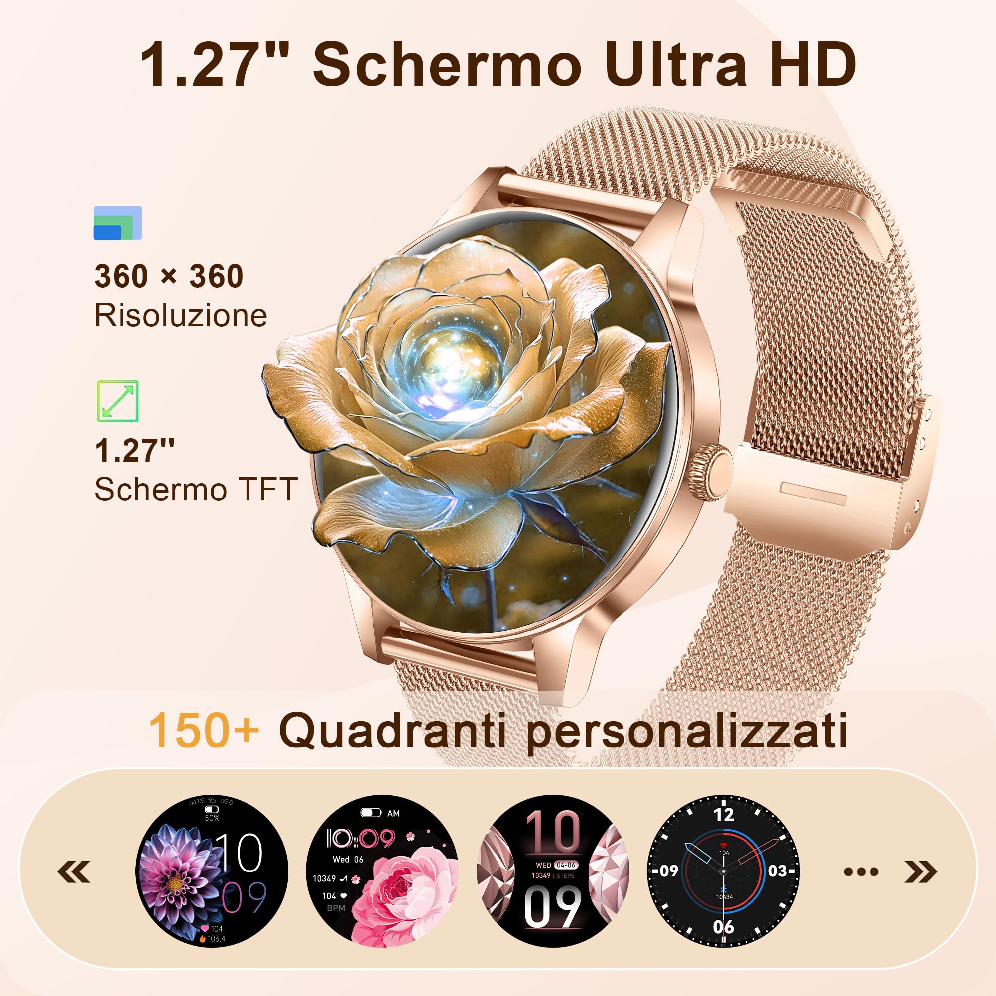 Smartwatch Donna con Chiamata Bluetooth, 1,27" HD 3 Cinturini | Orologio Fitness con Frequenza, Cardiaca, SpO2, Sonno, 100+ Sportive, Impermeabil IP68 per Android iOS Rosegold
