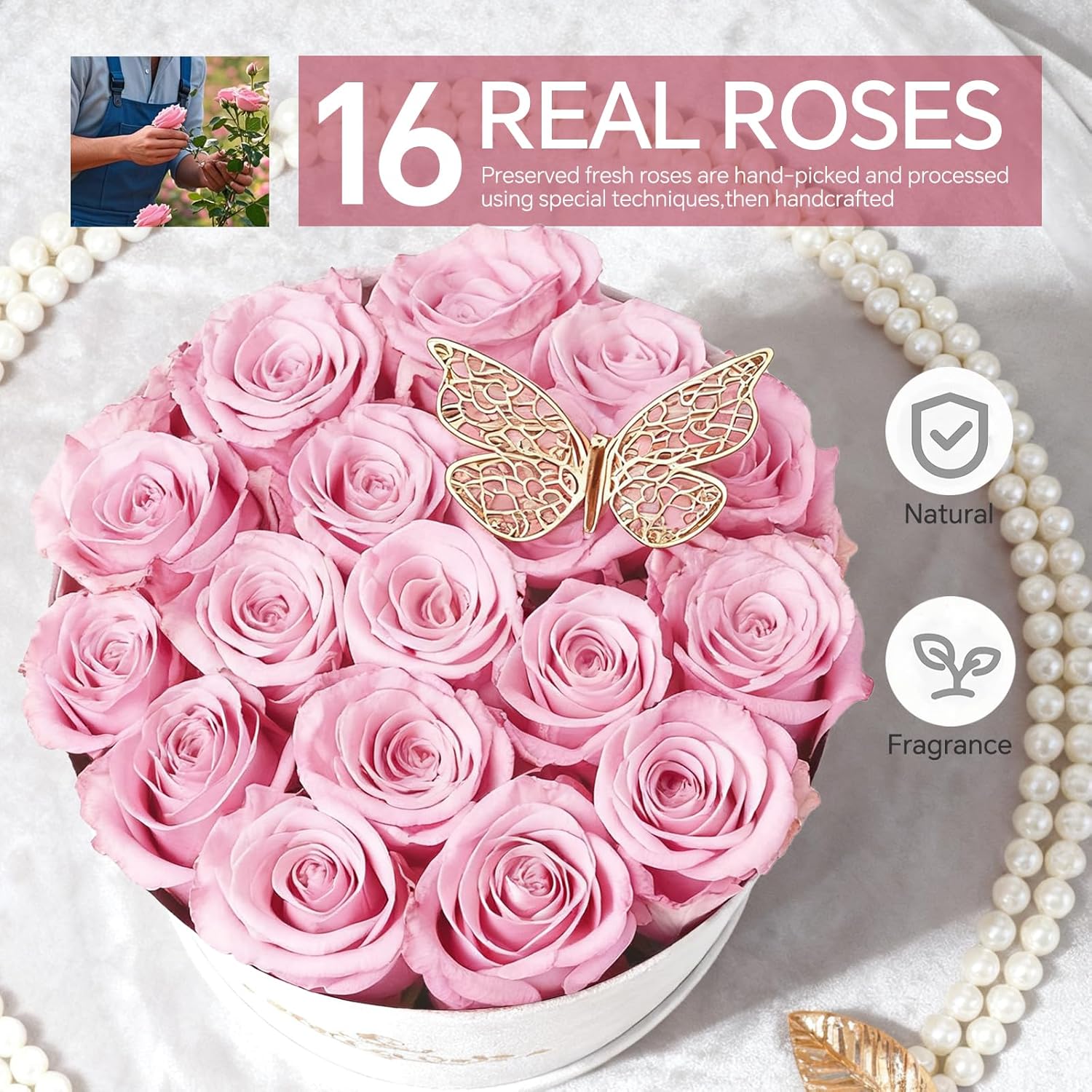 16 Pink Preserved Flowers in Round Gift Box, Forever Flowers Eternal Roses for Mother's Day, Birthday, Anniversary, Valentine's Day Gifts for Women Light Pink