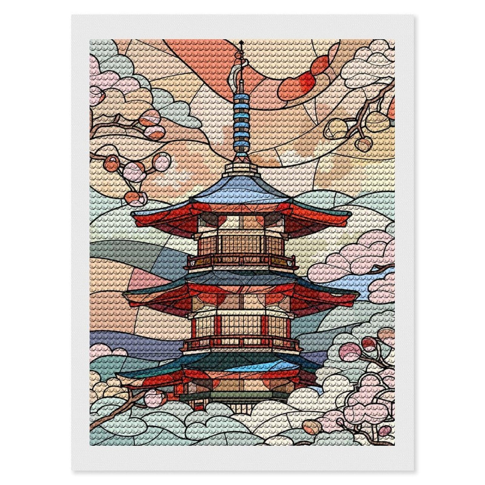 Junmoney Japanese Pagoda with Cherry Blossoms Diamond Art Canvas 12"x16", Easy to Follow Symbols, Finish and Display, Fun Craft Experience, Aesthetic Room Decor
