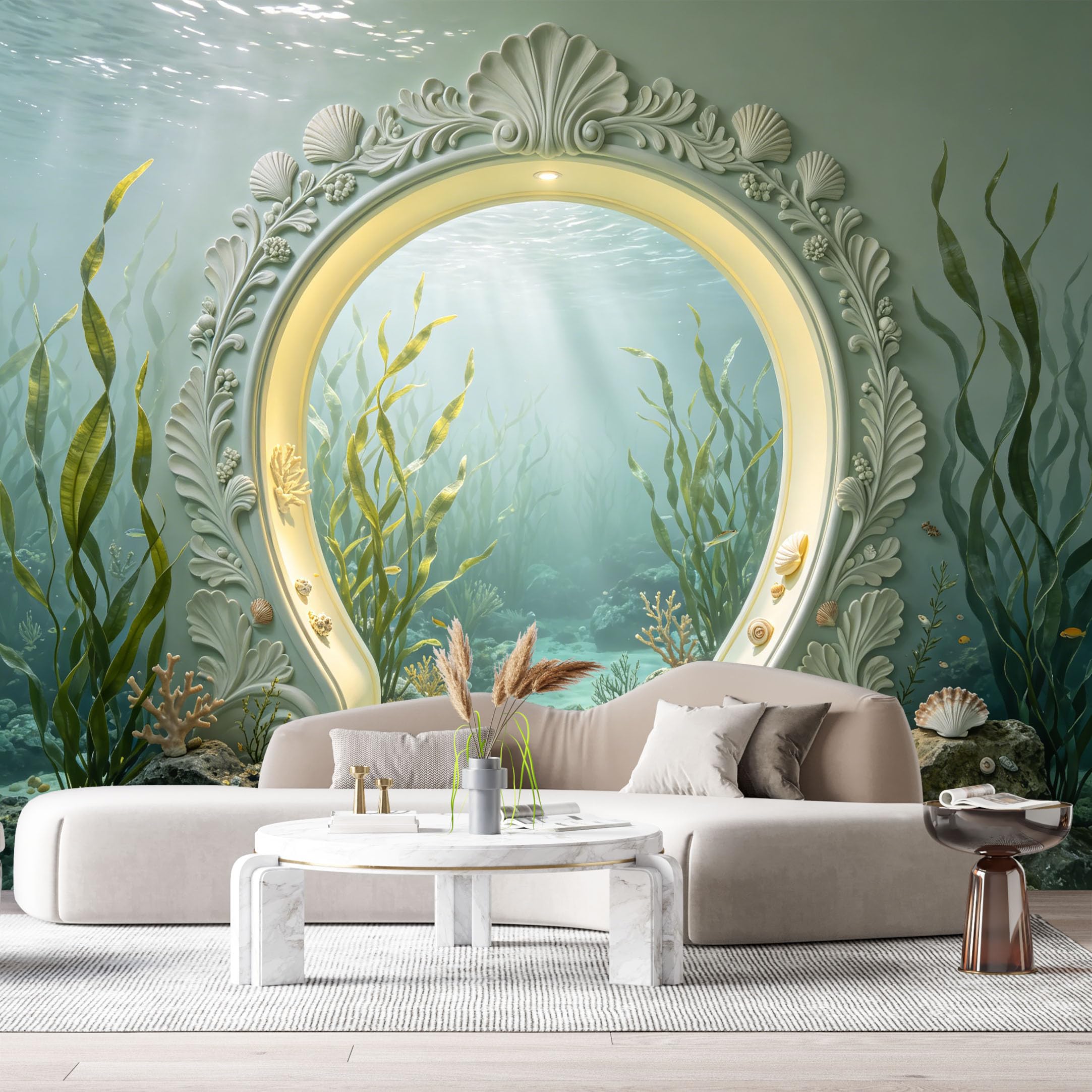 Custom Size Wall Murals Ocean/Marine Archway Seashells Portal 3D Trompe L'Oeil SelfAdhesiveWall Fabric Removable Wallpaper Wall Decor for Living Room Bedroom Bathroom