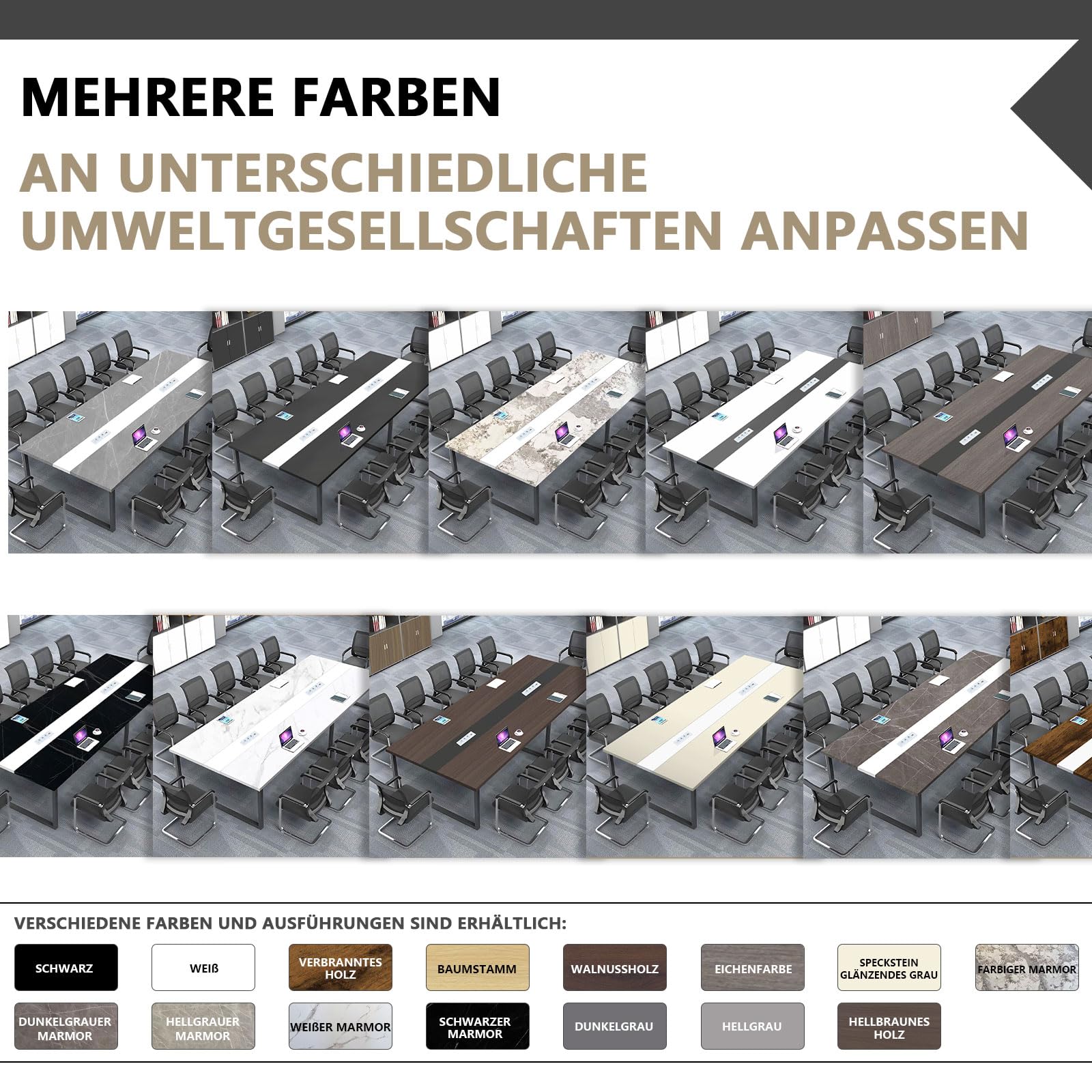 Konferenztisch mit Kabelmanagement und Kabeldurchführung, Großer Besprechungstisch Modern für Büro und Konferenzraum, Stabiler Meetingtisch Büro für Mehrere Personen, Professioneller Konferenztisch
